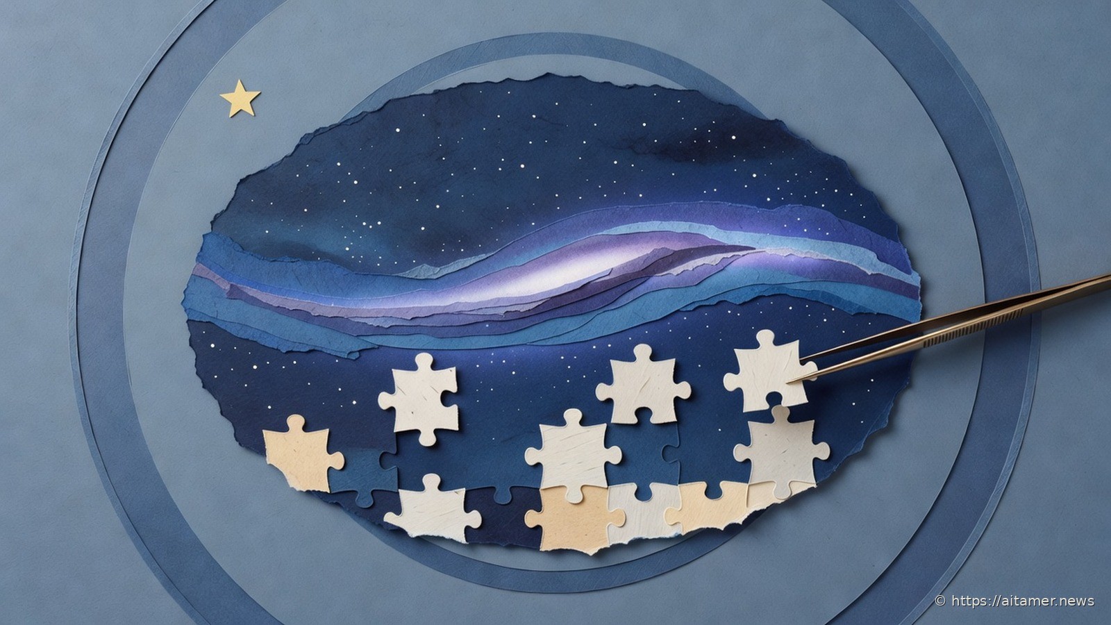Paper-cut illustration of an oval all-sky map in deep navy with a glowing band of the Milky Way, its missing patches being filled in by cream puzzle pieces placed with tweezers.