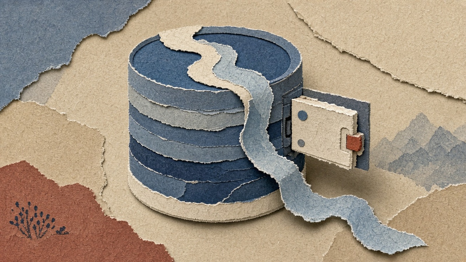 Cut-paper ClickHouse cylinder with a plug-in cartridge locking into a side port and a soft query-path ribbon, for executable UDFs on Cloud.