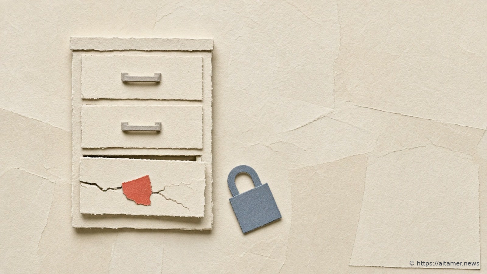 A cream paper filing cabinet with its bottom drawer ajar and a coral patch over a crack, beside an open slate blue padlock.