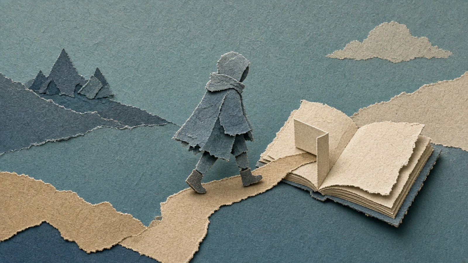 Hooded paper figure walks a tan path that rises from an open notebook, against muted teal torn-paper mountains.