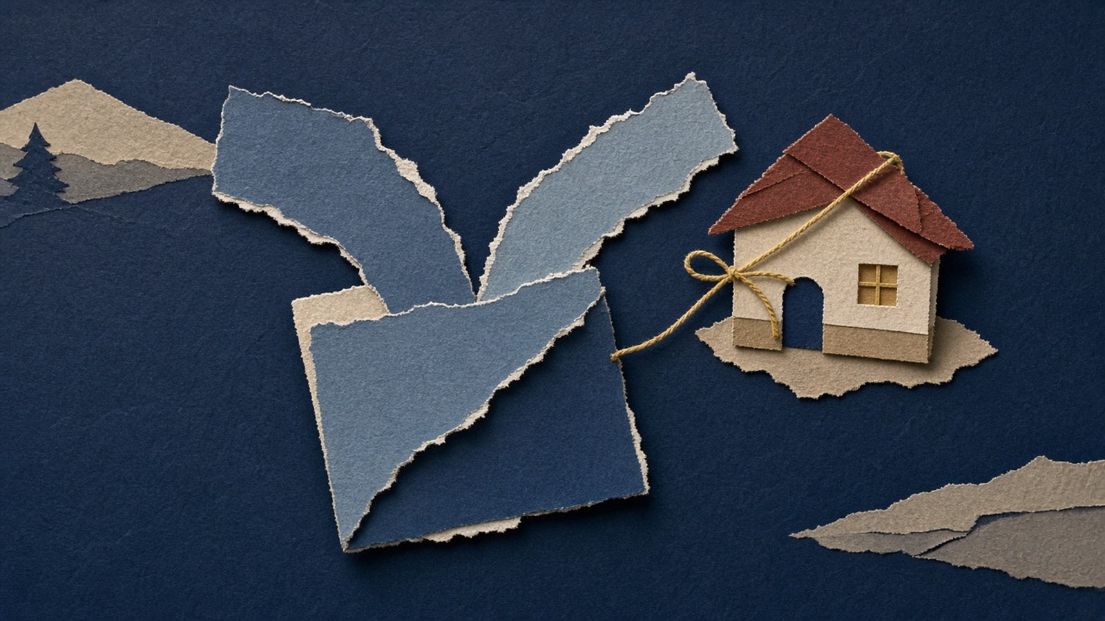 Torn navy paper folder forks open, tied by a yellow string to a small cream paper house with a rust roof.
