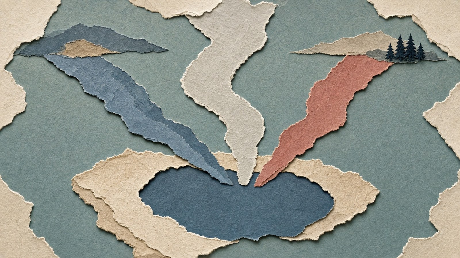 Three torn paper streams in blue, cream, and rust merge into a dark lake, framed by teal paper hills and tiny pines.