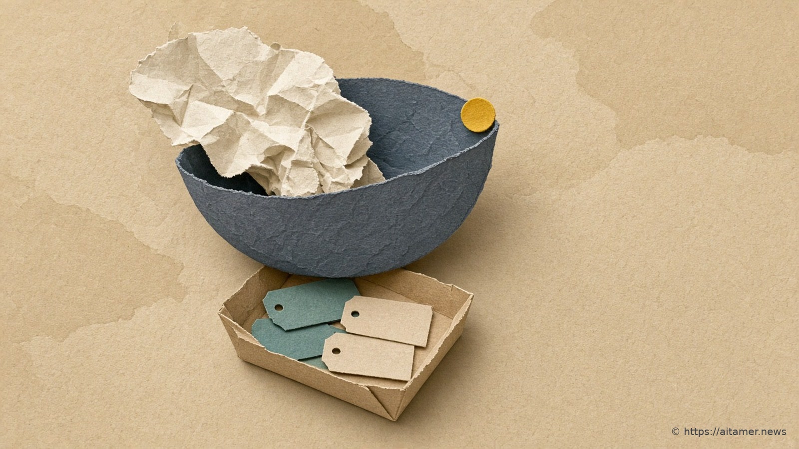 A crumpled cream paper sheet sits in a slate-blue paper bowl with a small yellow dot on its rim, above a sand paper tray holding four plain teal and cream paper tags.