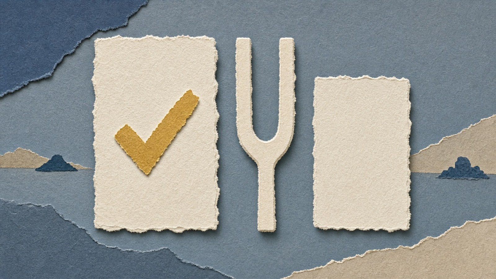 Cream paper tuning fork stands between a card with a mustard check and a blank card on a dusty blue paper ground.