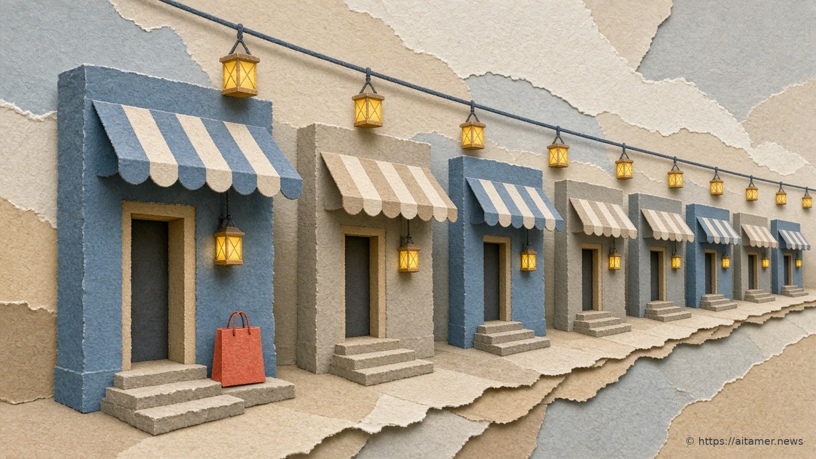 Paper-cut illustration of a long row of small shop fronts lit by lanterns on one shared wire, a tiny shopping bag on the nearest step.