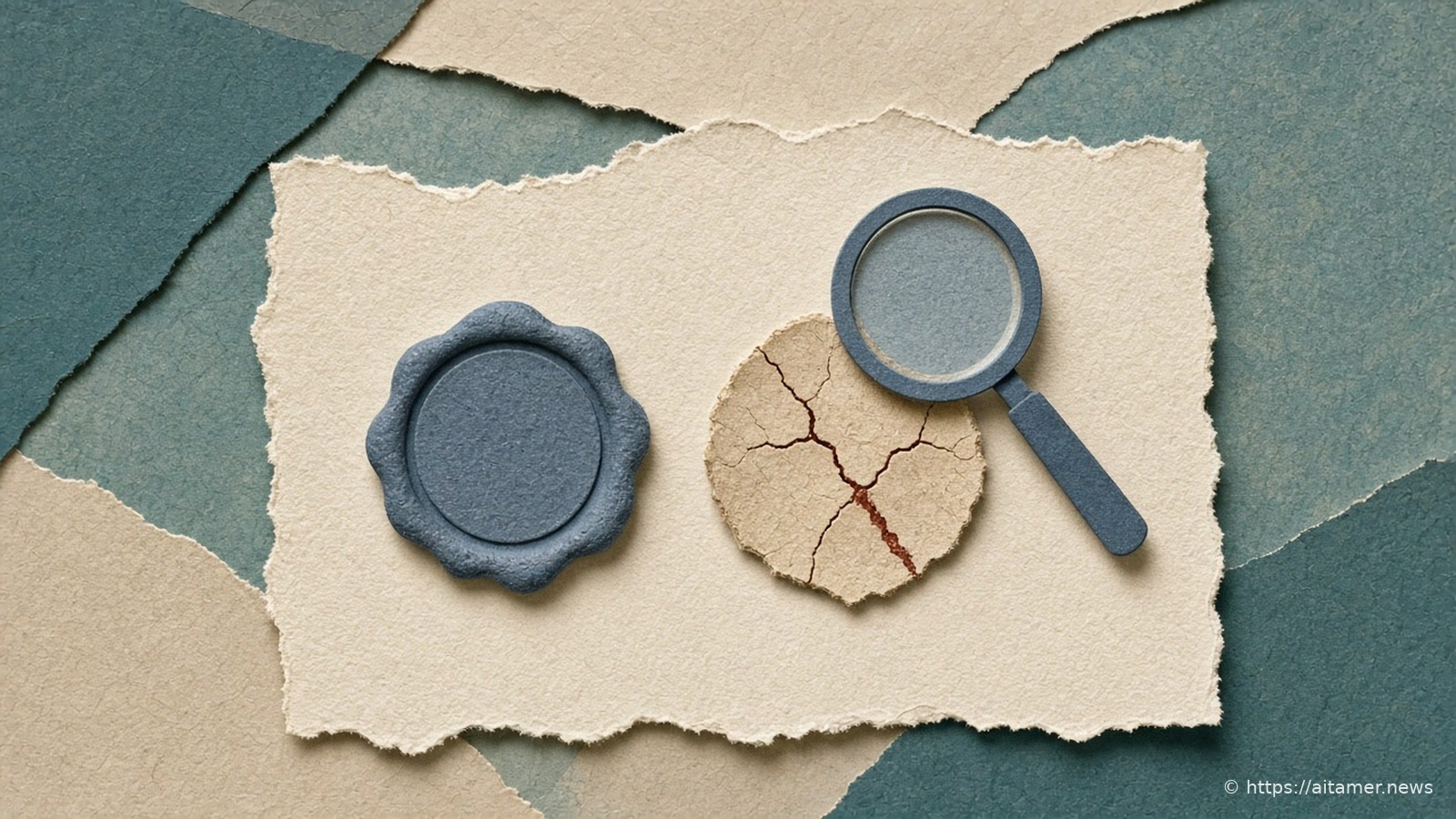A slate blue paper wax seal beside a cracking look-alike seal, with a steel blue magnifying glass over the crack, on cream and teal paper layers.