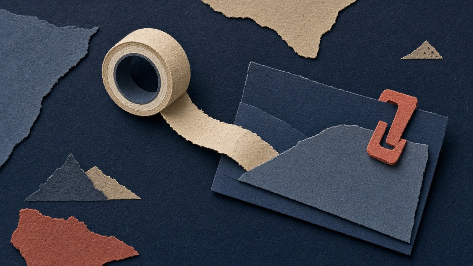 Tan paper tape spool feeds a stack of navy cards clipped by interlocking coral paper links on a deep navy ground.