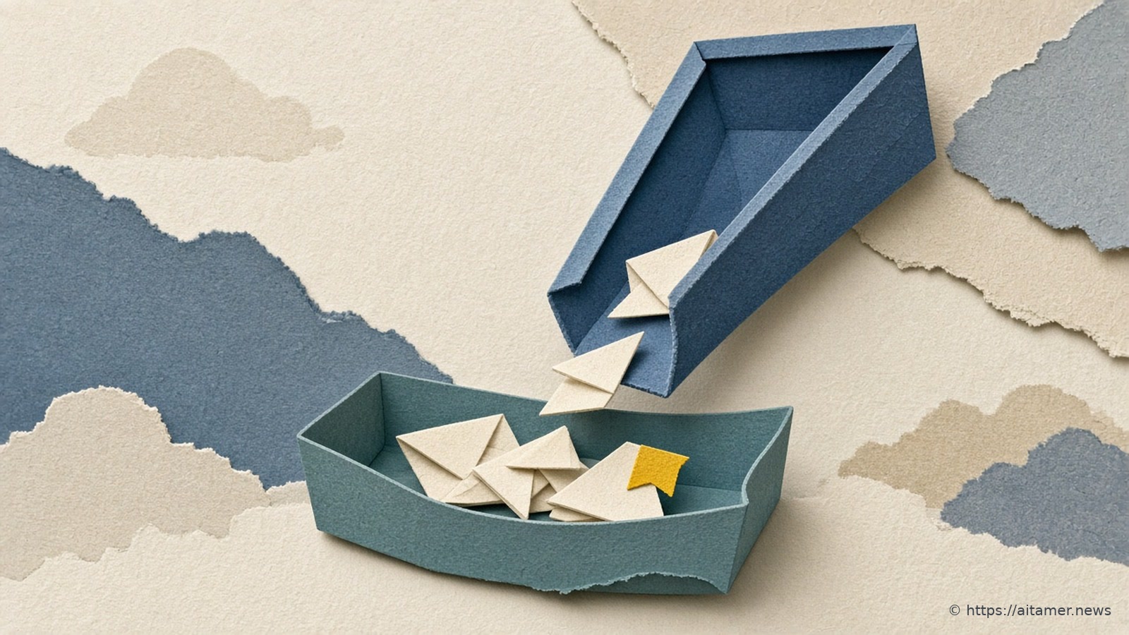 A steel-blue paper chute dropping small folded ivory paper notes into a muted-teal paper tray, one note marked with a sulfur-yellow paper tab.
