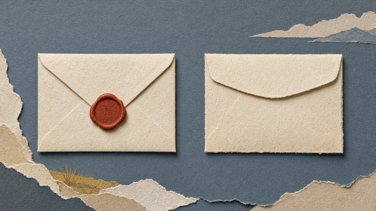 Two cream paper envelopes sit apart on steel-blue ground; the left one is closed with a blank rusty-red wax seal.