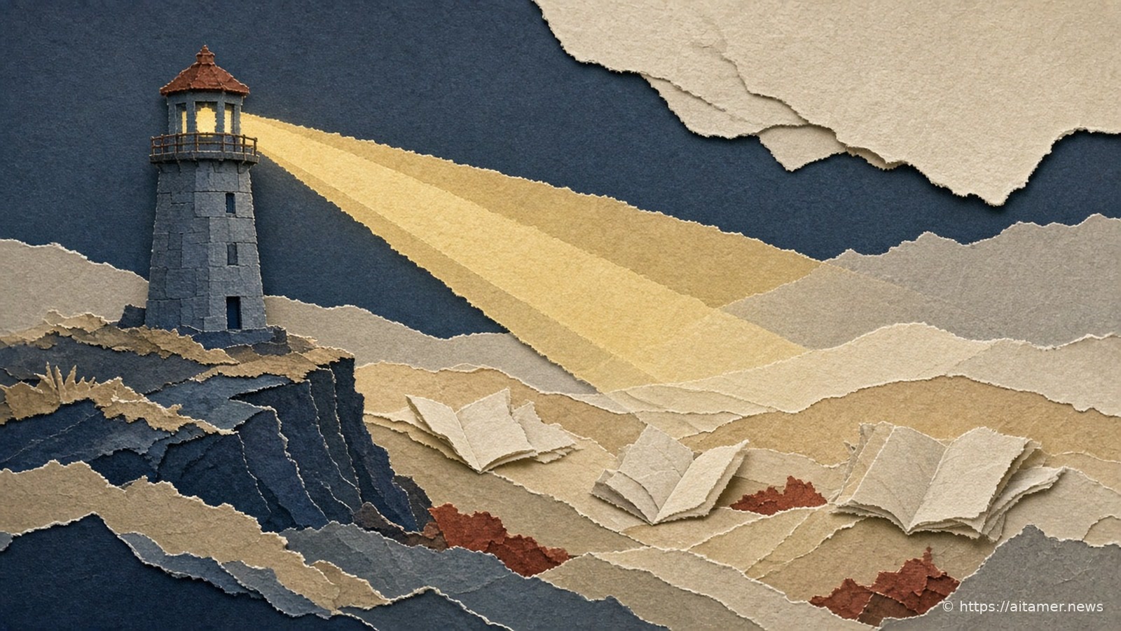 A slate-blue paper lighthouse on a cliff casting a yellow beam over cream dunes and open books.