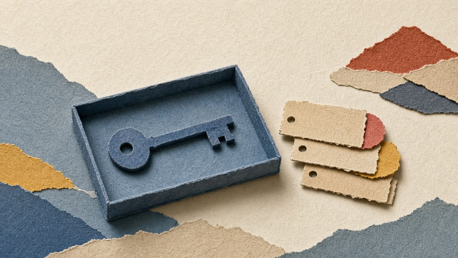 Slate-blue paper key rests in a matching tray beside three blank beige tags on a cream ground with torn paper hills.