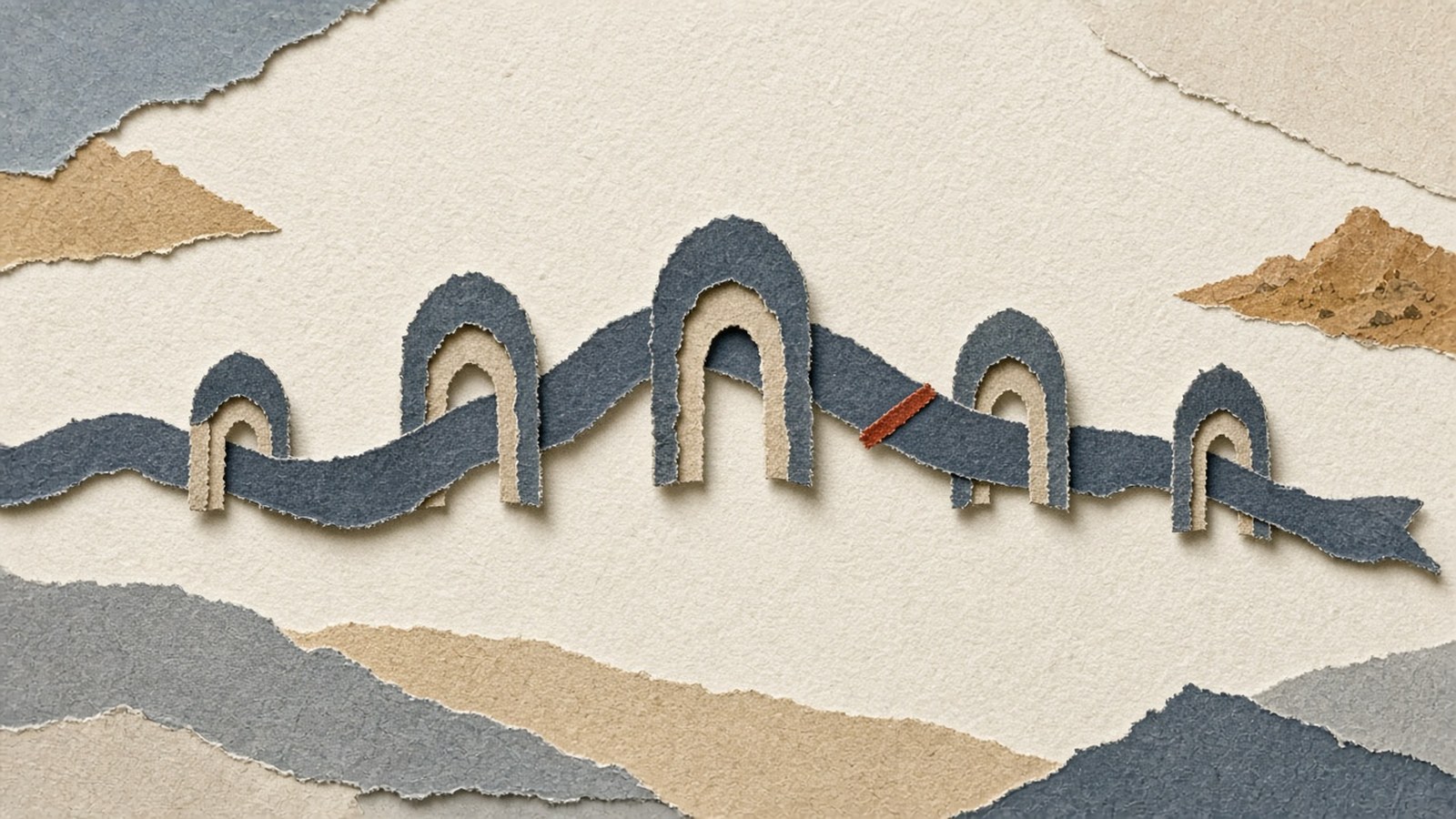 Wavy blue-gray paper ribbon with five arched gates on ivory ground, marked by one small rusty-red paper stitch.