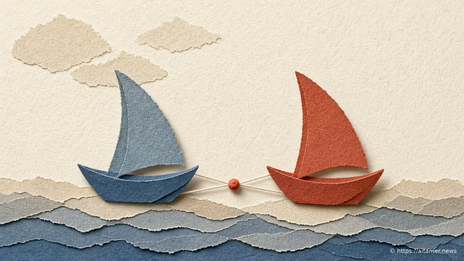 A slate-blue paper sailboat and a rust-red copy of it float side by side on layered blue and sand paper waves, tied together by two thin cords that meet at a small rust bead, under sand paper clouds.