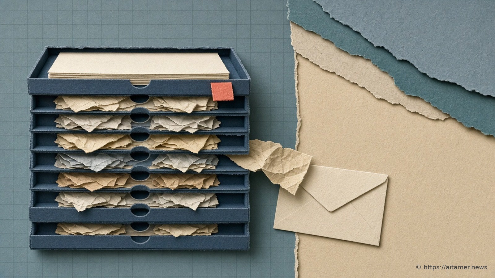 A paper-cut collage of a cabinet of eight drawers where only the first holds a fresh sheet and the rest hold old crumpled notes, one slipping out toward an envelope.