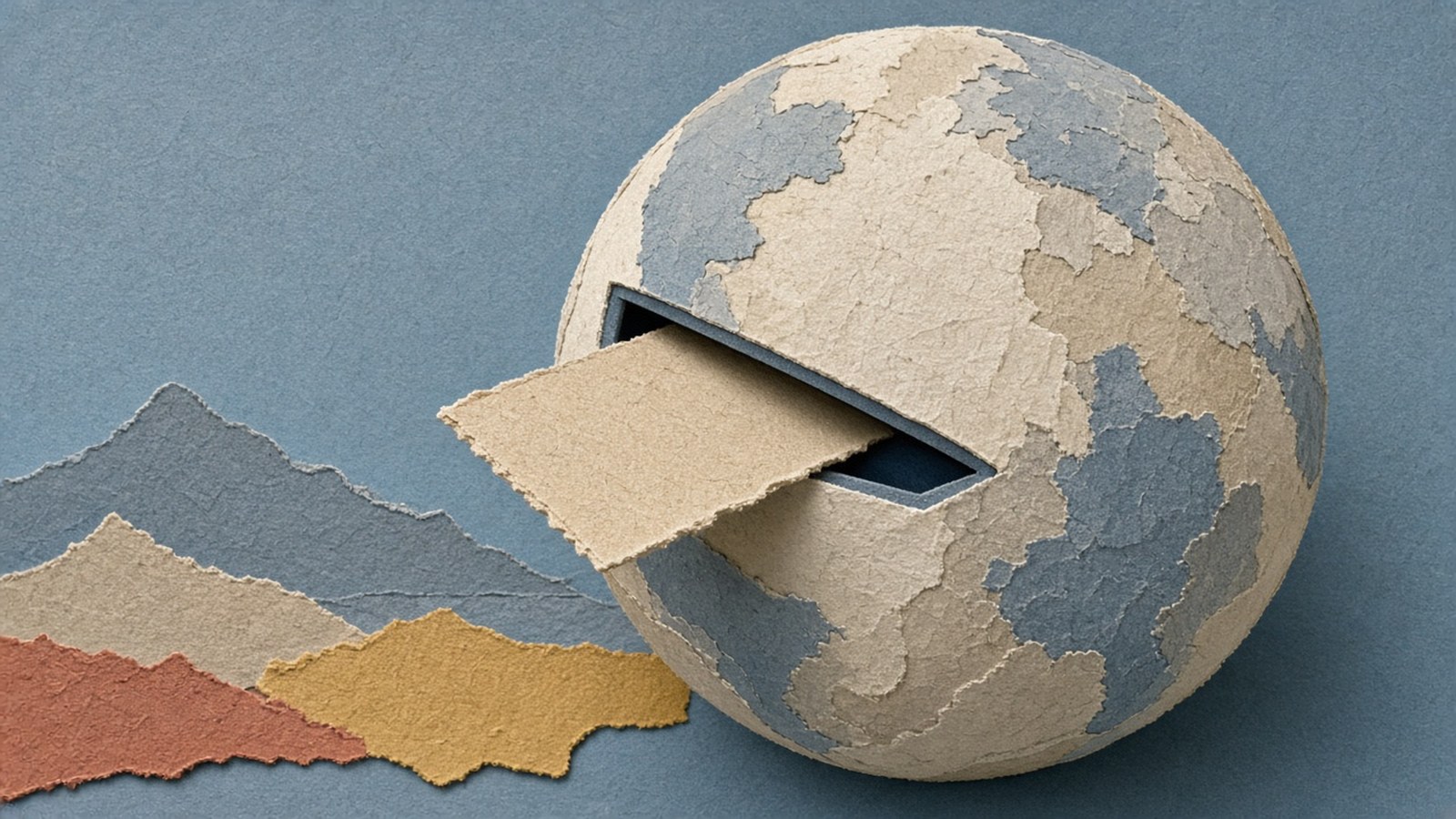 Paper globe with beige continents takes a sand-colored card into a dark slot, over muted blue hills with rust accents.