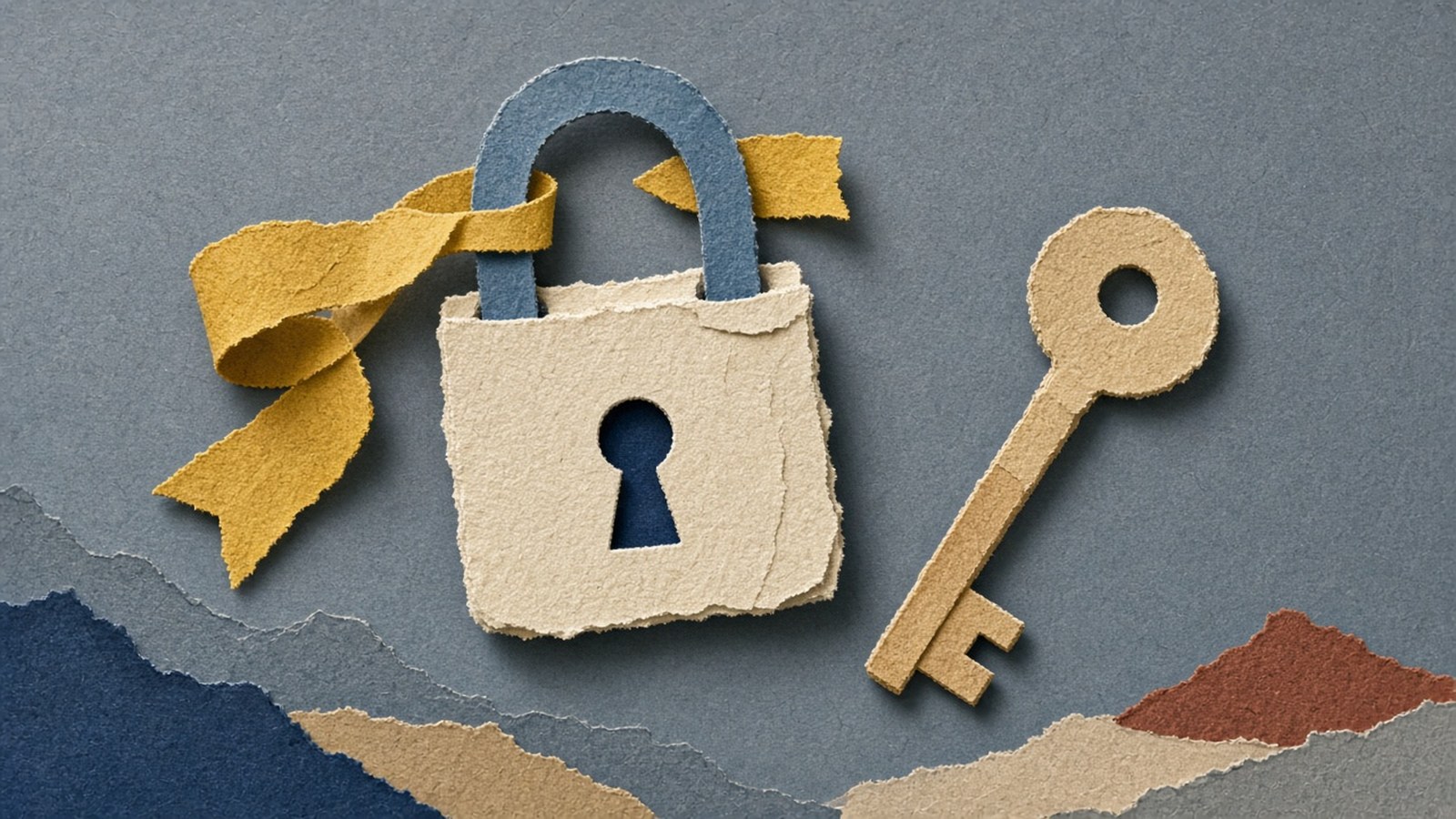 Beige paper padlock with a blue shackle and sulfur-yellow ribbon sits beside a tan skeleton key on blue-gray ground.