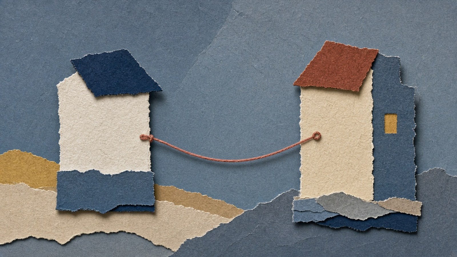 Two cream paper buildings with blue and rust roofs stand apart, joined by one thin coral string across torn paper hills.