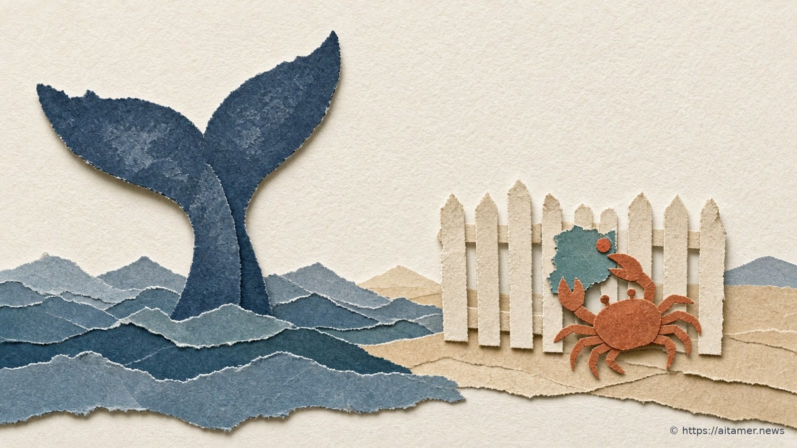 A slate-blue paper whale tail rises from layered blue paper waves beside a cream picket fence, where a rust-orange paper crab sits by a small teal patch on sand-colored paper.