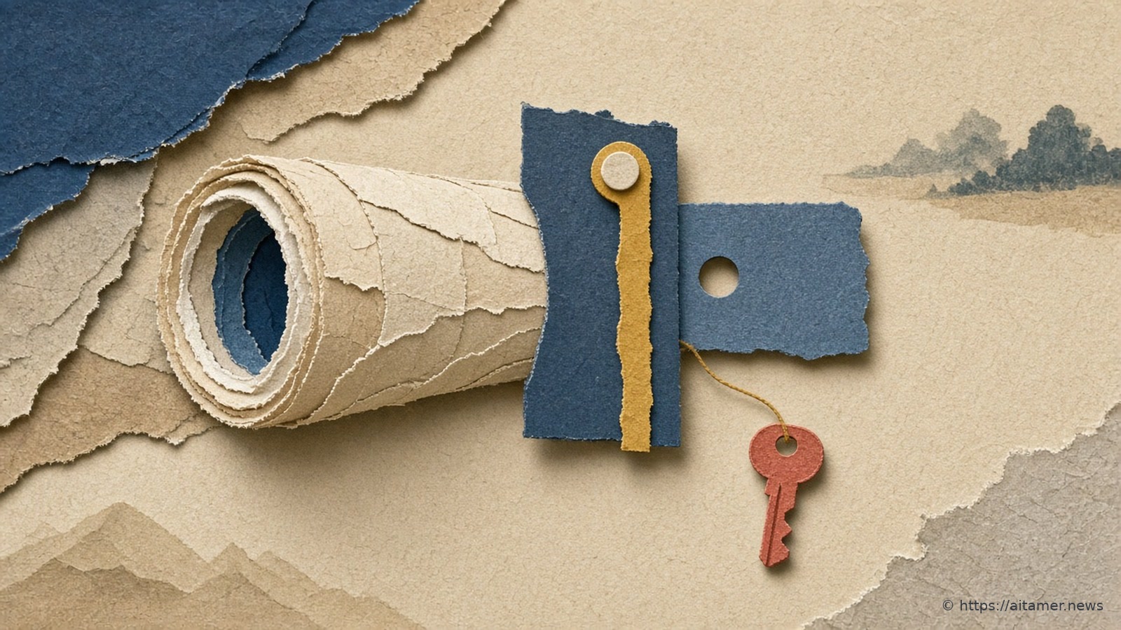 Paper-craft cream paper tube blocked by a slate-blue gate with a yellow latch, a small coral key hanging below, on layered torn paper.
