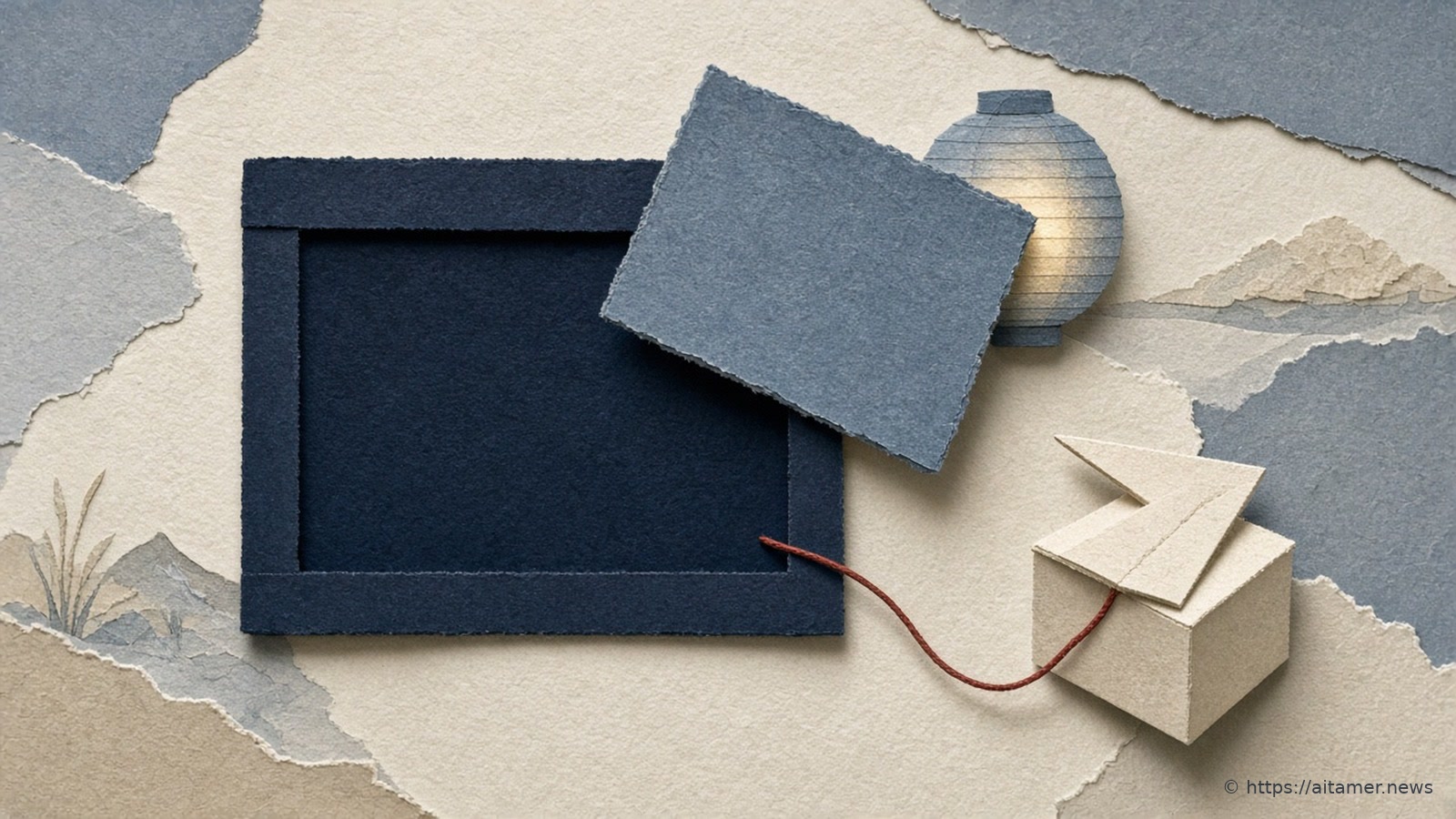 A navy cut-paper window frame with its lid half closed, a small paper lantern still glowing behind it, tied by a red thread to a little cream box.