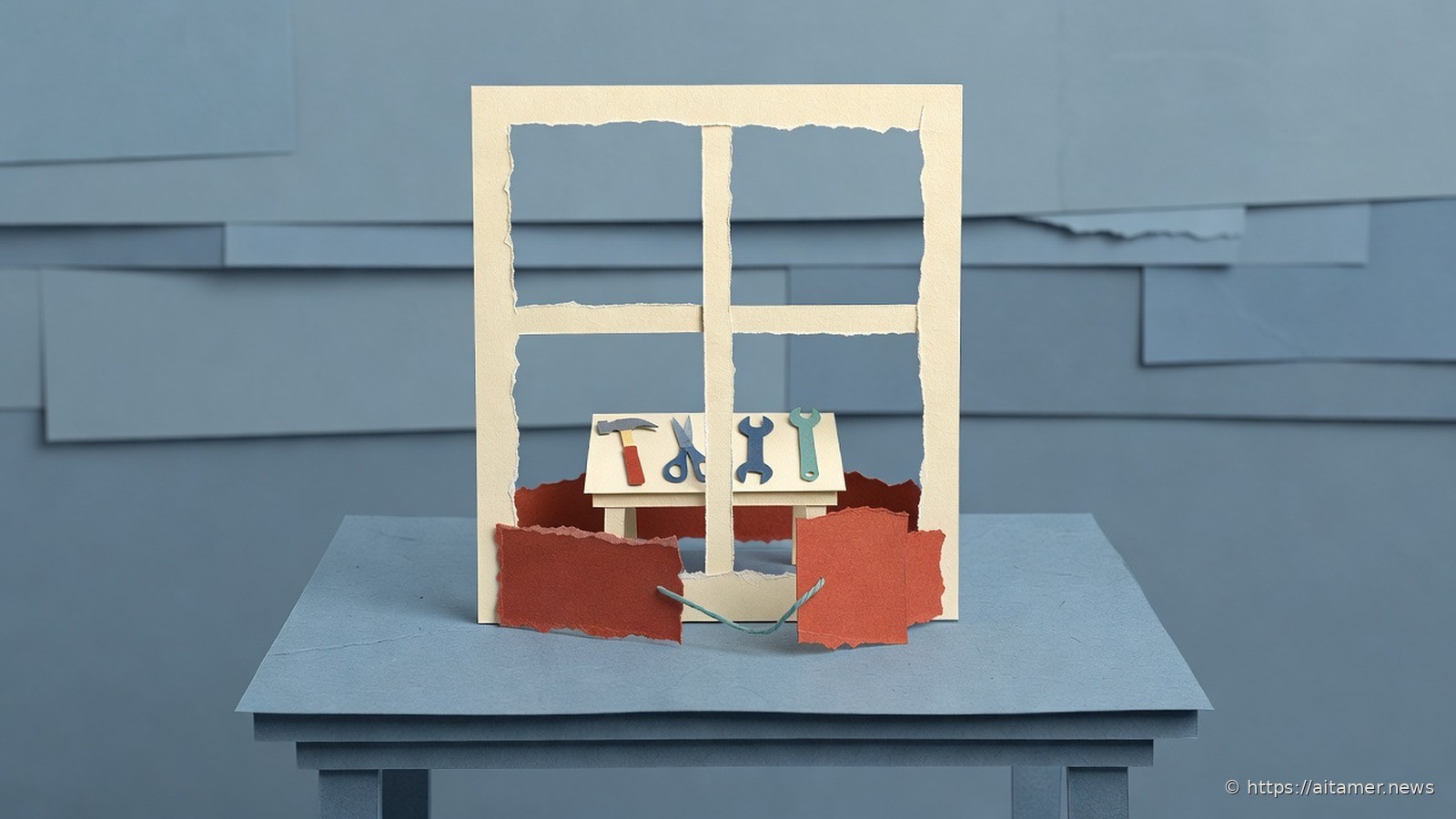 A cream paper window frame on a slate table encloses a small workbench of tools behind a low rust-red fence.
