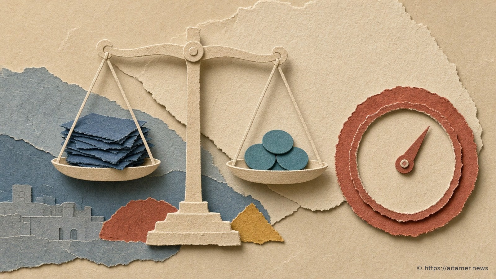 A cream paper balance scale weighs a stack of blue paper sheets against three teal paper coins, beside a rust-red paper gauge with a raised needle.