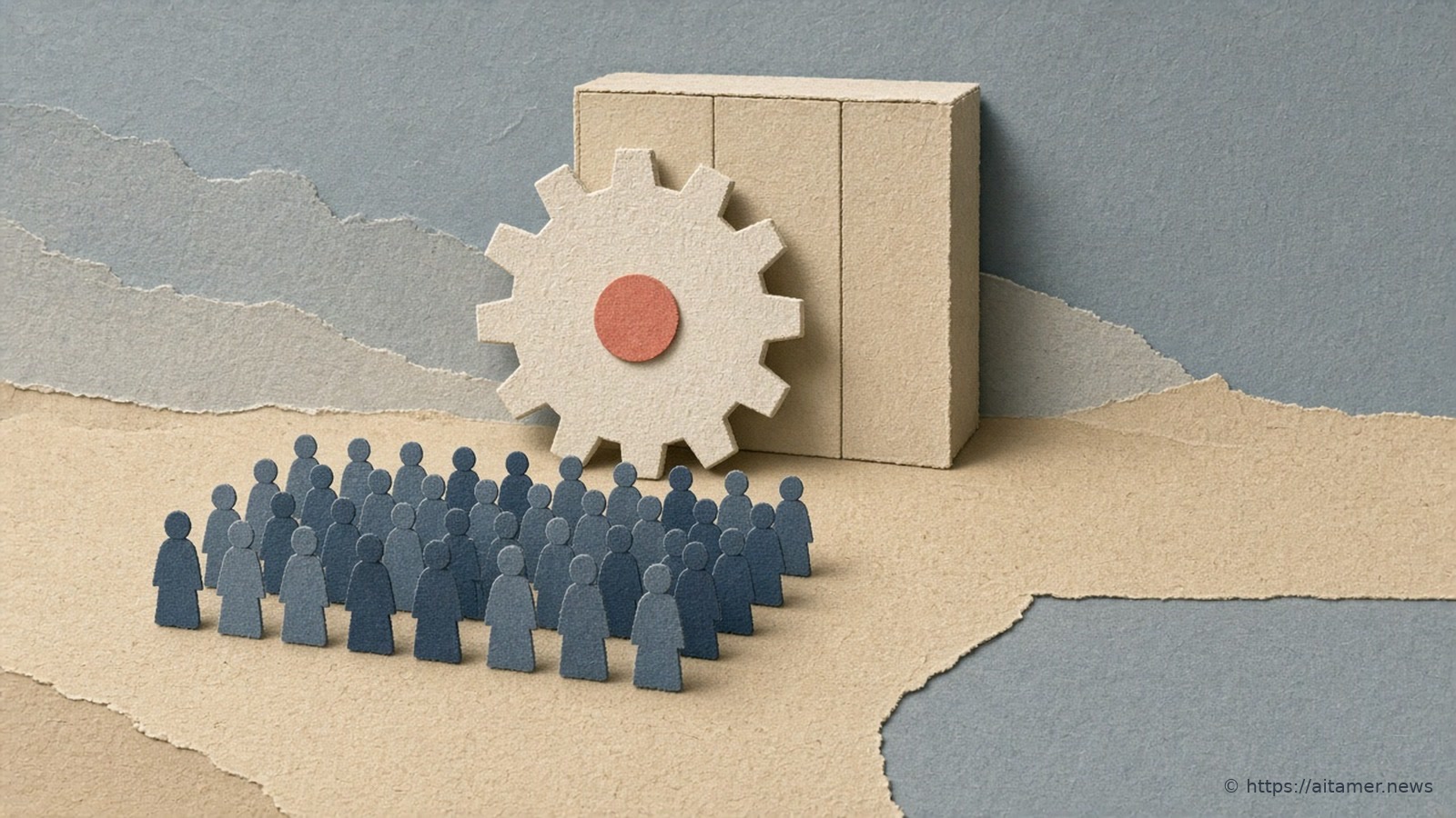 Rows of small steel-blue paper figures stand in a grid facing a large ivory paper gear with a coral hub.