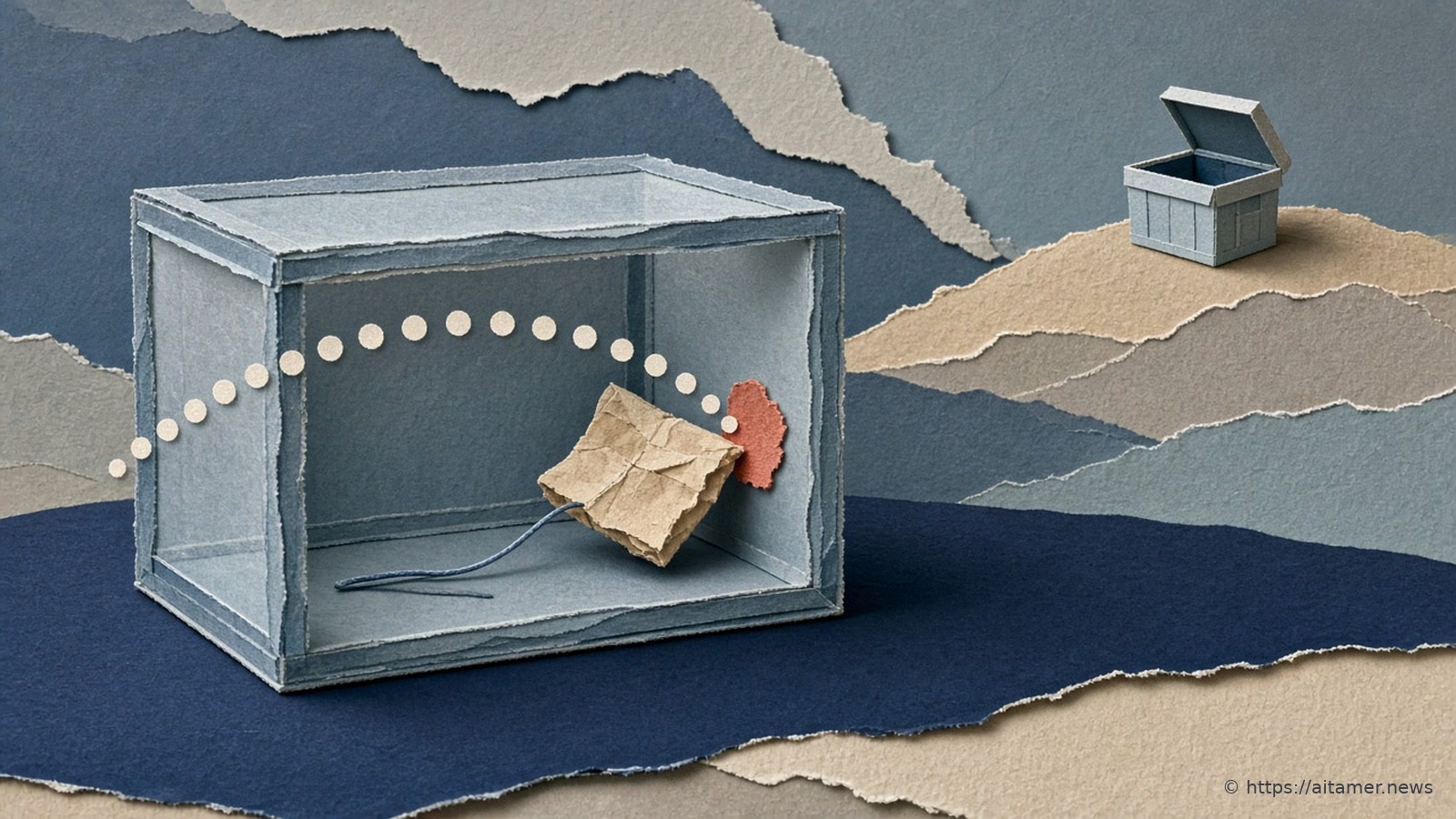 Cut-paper illustration of a small parcel on a string stopped flat against the inside wall of a sealed box, with a distant open storage bin outside.
