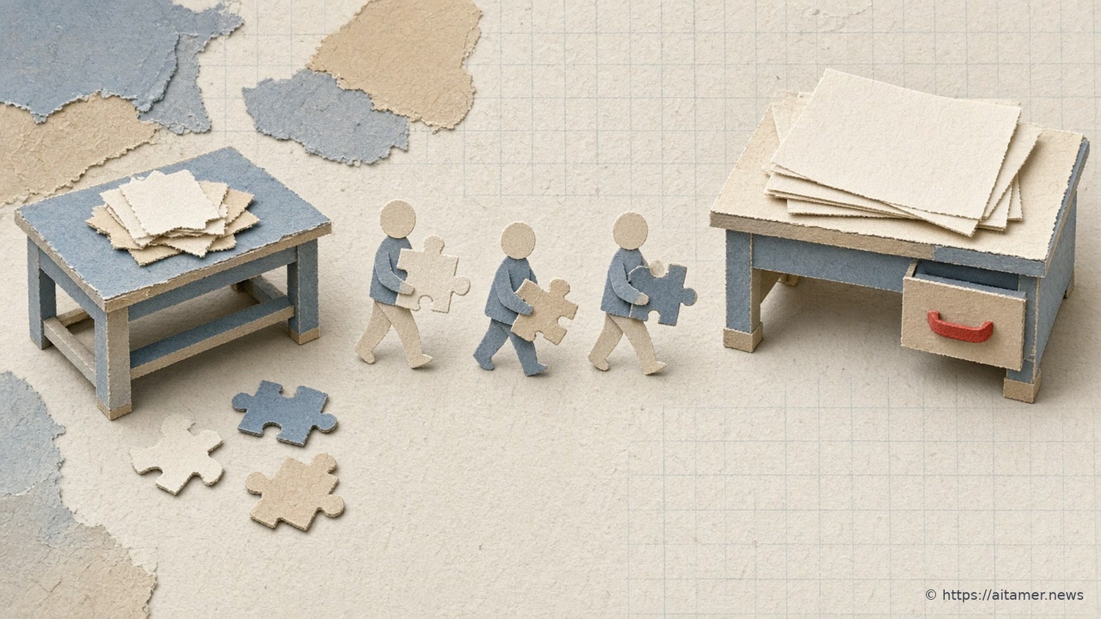 A paper-cut collage of a paper workbench with a folder of pages and puzzle pieces, and three small figures carrying pieces between benches.