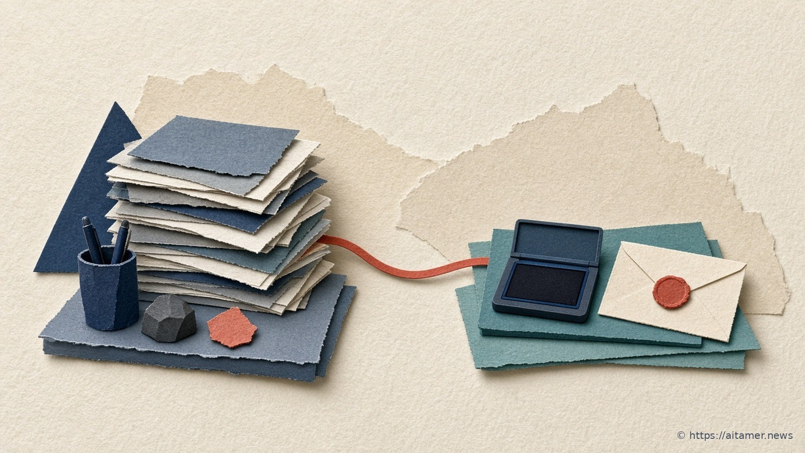 Two cut-paper desks linked by a coral ribbon: a tall stack of research pages on the left, and a stamp pad with a sealed cream envelope on the right.