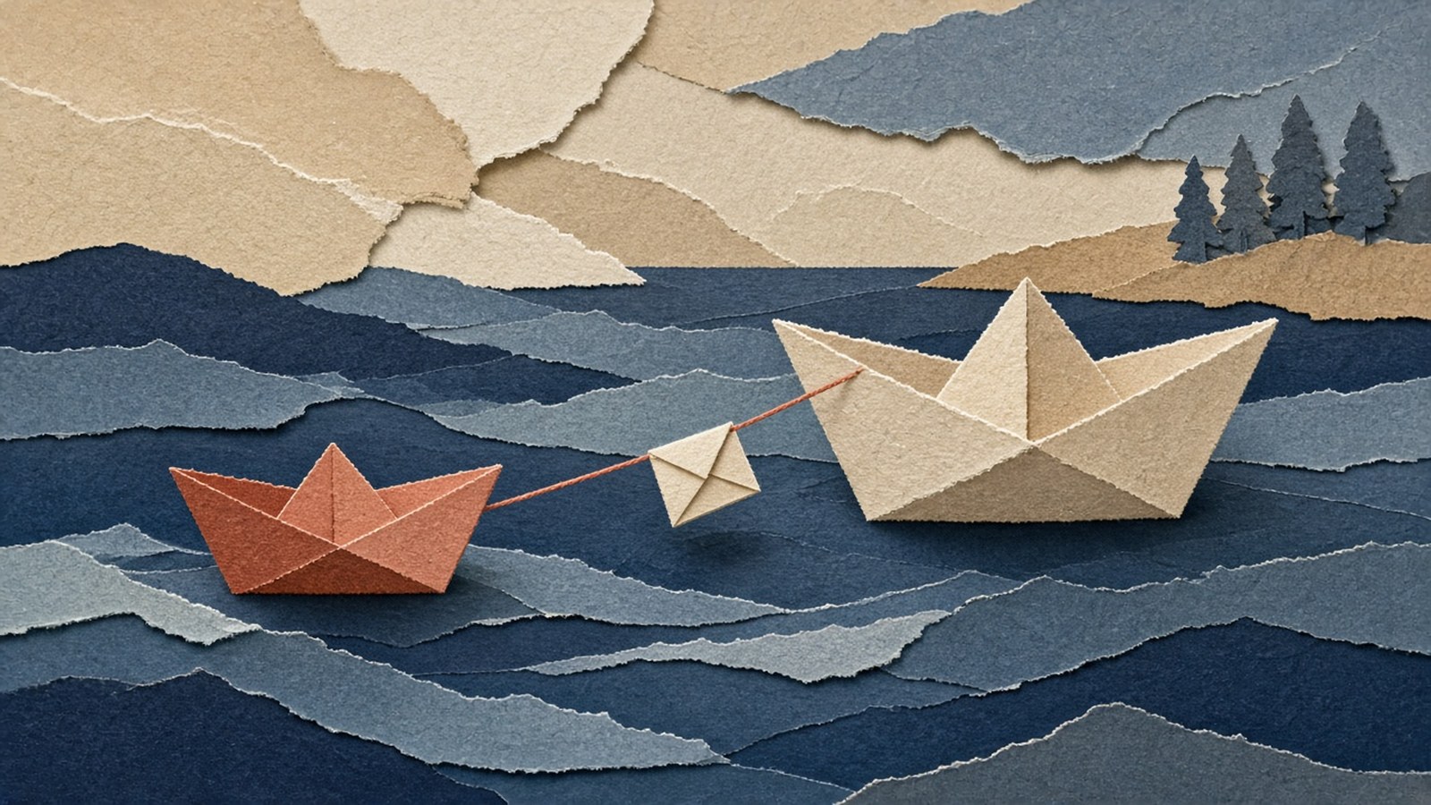 Paper-cut collage of two boats on slate-blue torn-paper waves, a larger cream boat and a smaller terracotta boat linked by a coral thread with a folded cream note between them.