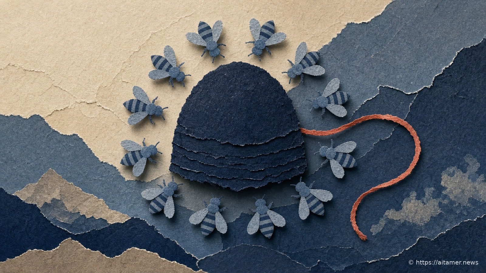 A dark navy paper beehive ringed by slate-blue paper bees, with a thin coral thread looping away from the hive.