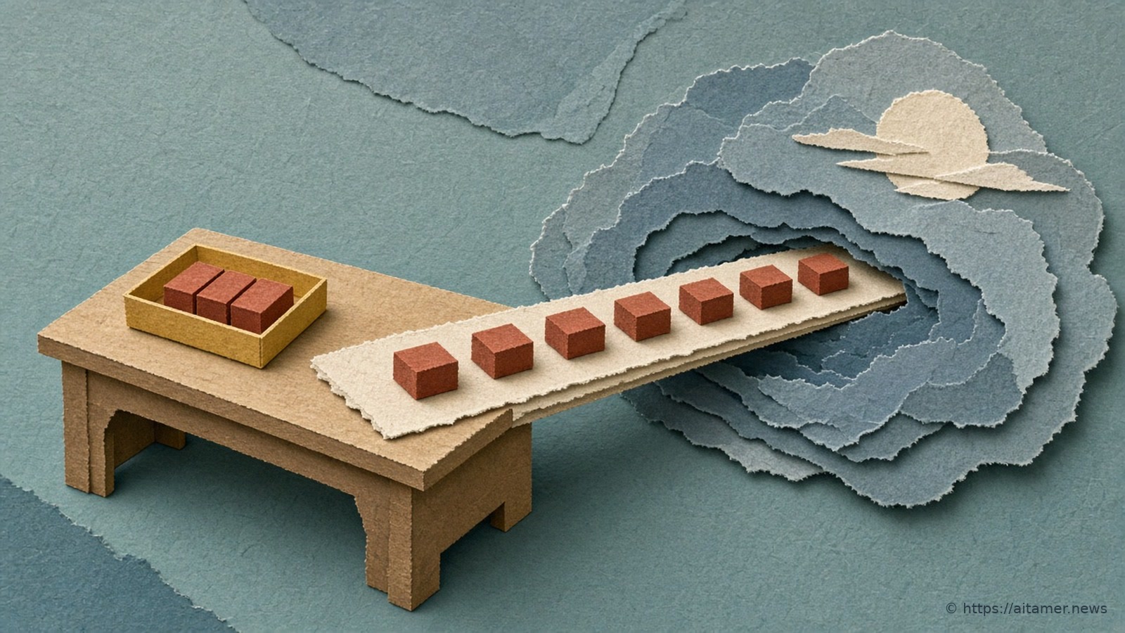 Paper collage of a conveyor belt that runs from a small wooden desk into a blue-grey paper cloud, carrying identical red blocks.