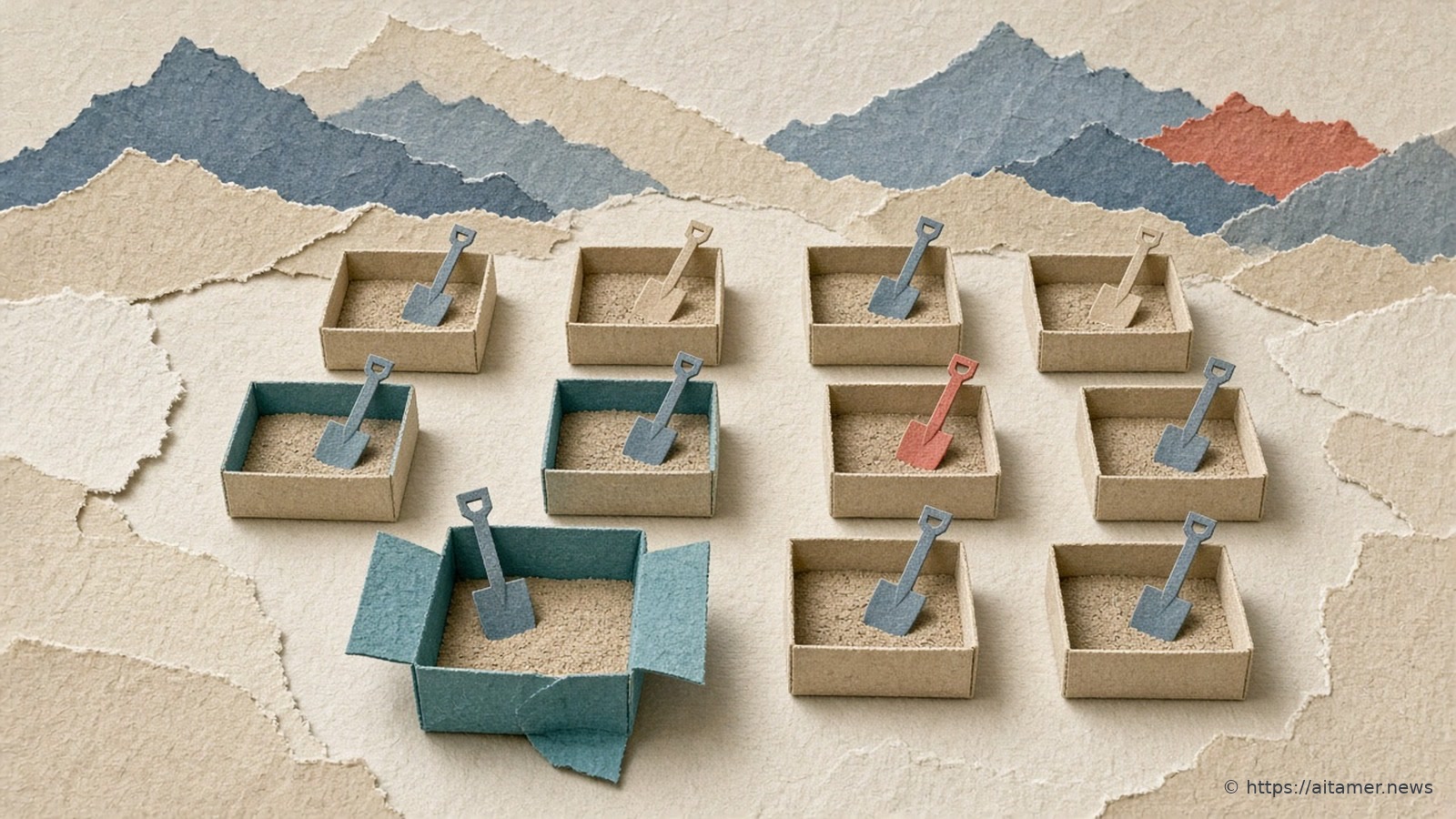 Rows of small sand and teal paper boxes filled with sand each hold a little slate paper shovel, one of them coral, with one larger teal box folded open in front of torn blue and coral paper hills.