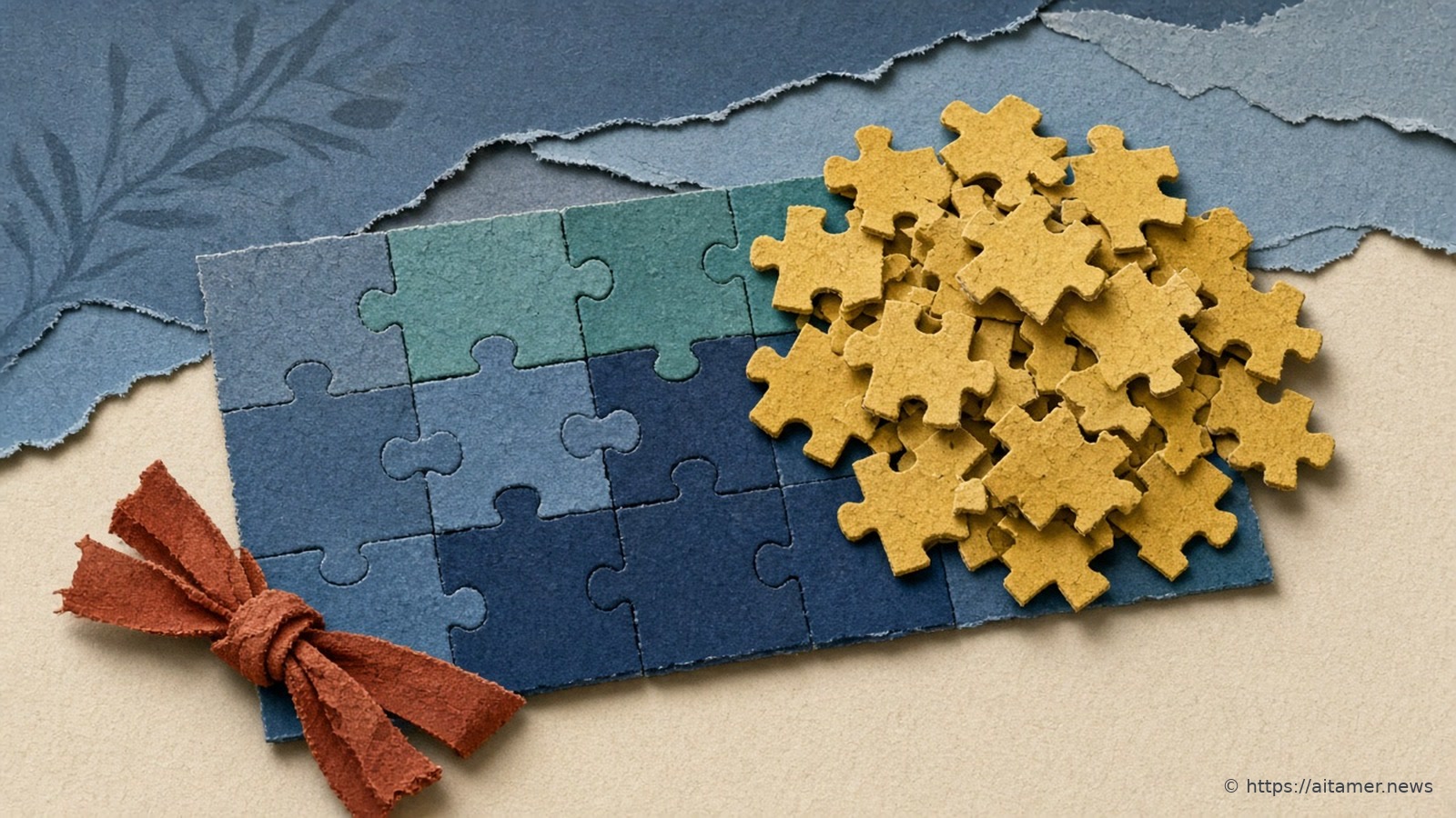 A slate-blue paper puzzle board with pieces missing, a yellow pile of pieces beside it, and a coral ribbon.