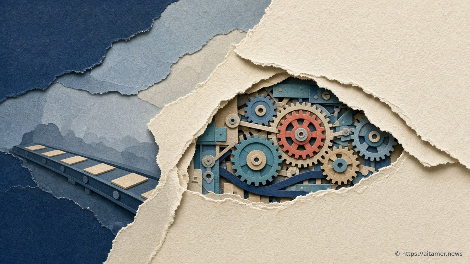 A torn cream paper sheet opens onto a cluster of teal, slate-blue and sand paper gears around one coral gear, while a slate conveyor of sand paper tiles runs off into deep navy layers on the left.