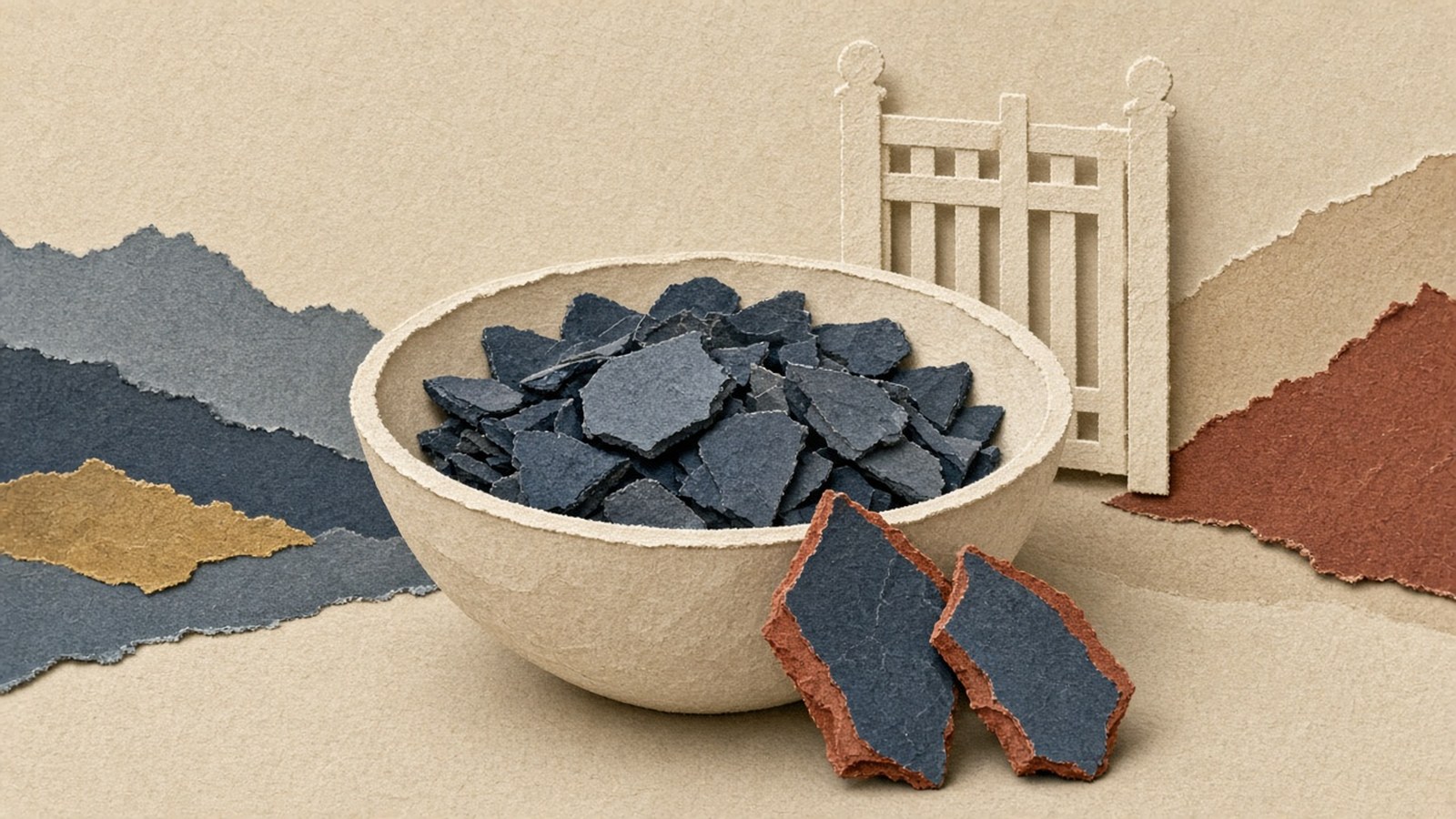 Paper-cut collage of a cream bowl filled with dark slate chips, two larger coral-edged chips against the rim, and a small ivory gate standing behind the bowl.