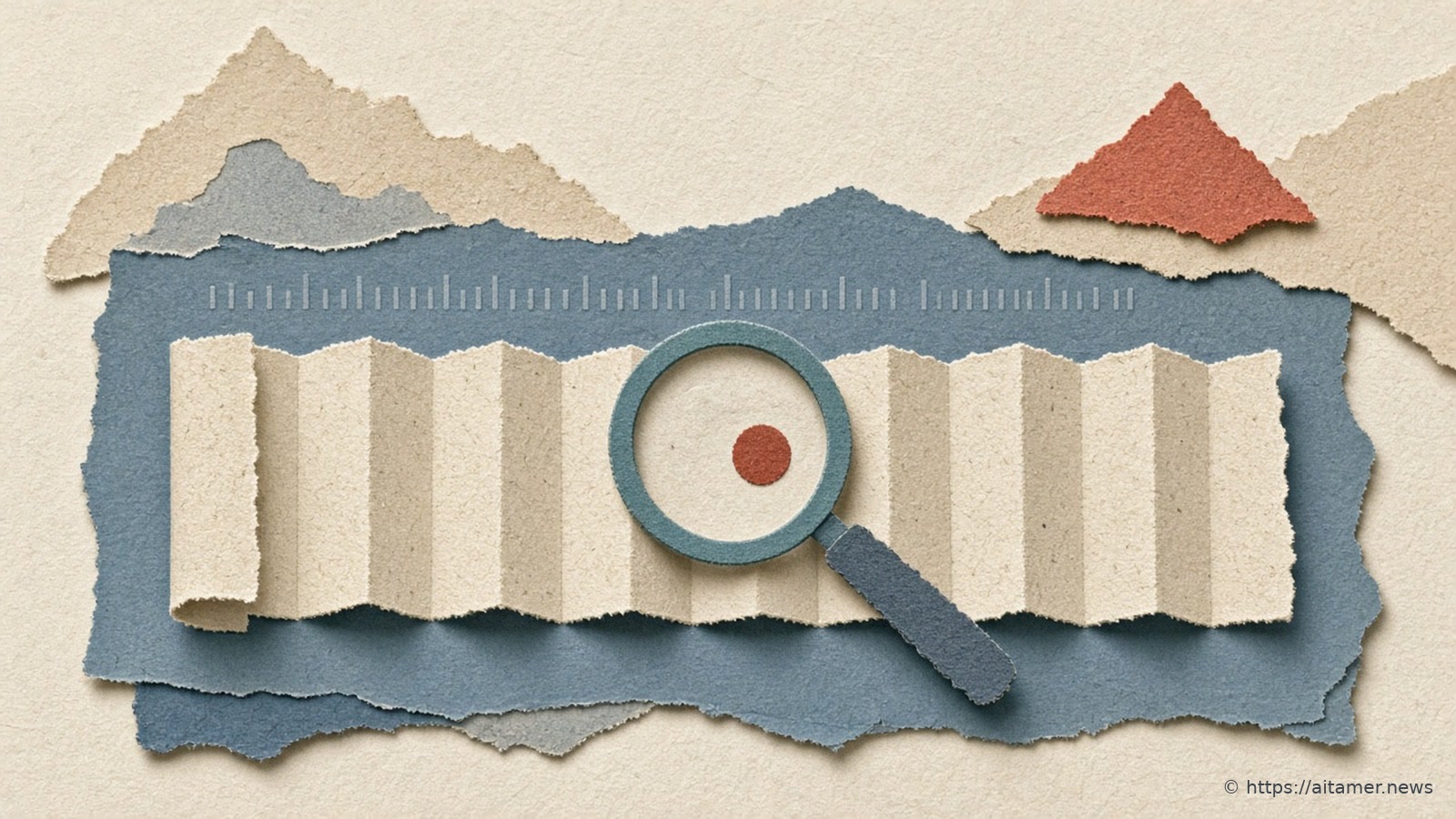 A pleated cream paper strip lies on a slate-blue band marked with ruler ticks, under a teal paper magnifying glass framing a small coral dot, with sand and coral paper peaks behind.