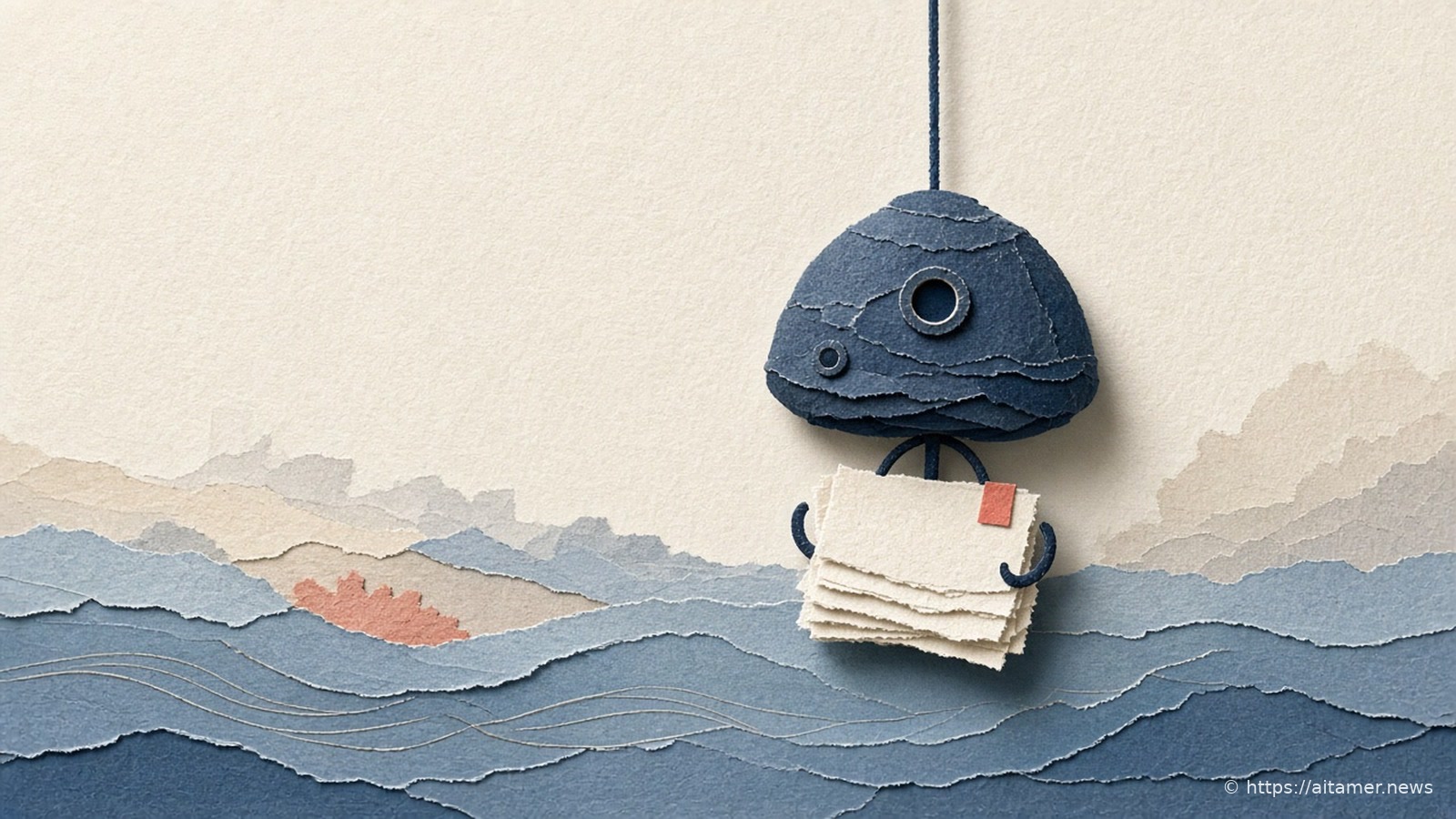 A navy paper diving bell hangs on a line above layered blue paper waves, holding a small stack of cream cards marked with one coral corner.
