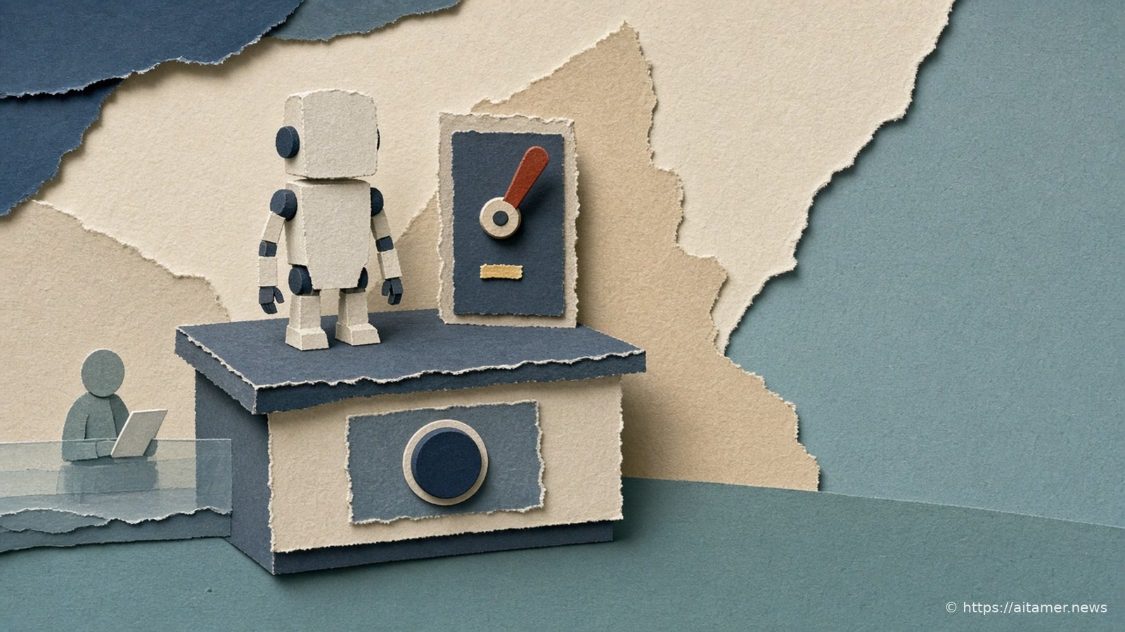 A paper-cut collage of a small paper robot beside a large off switch while an inspector with a clipboard watches.