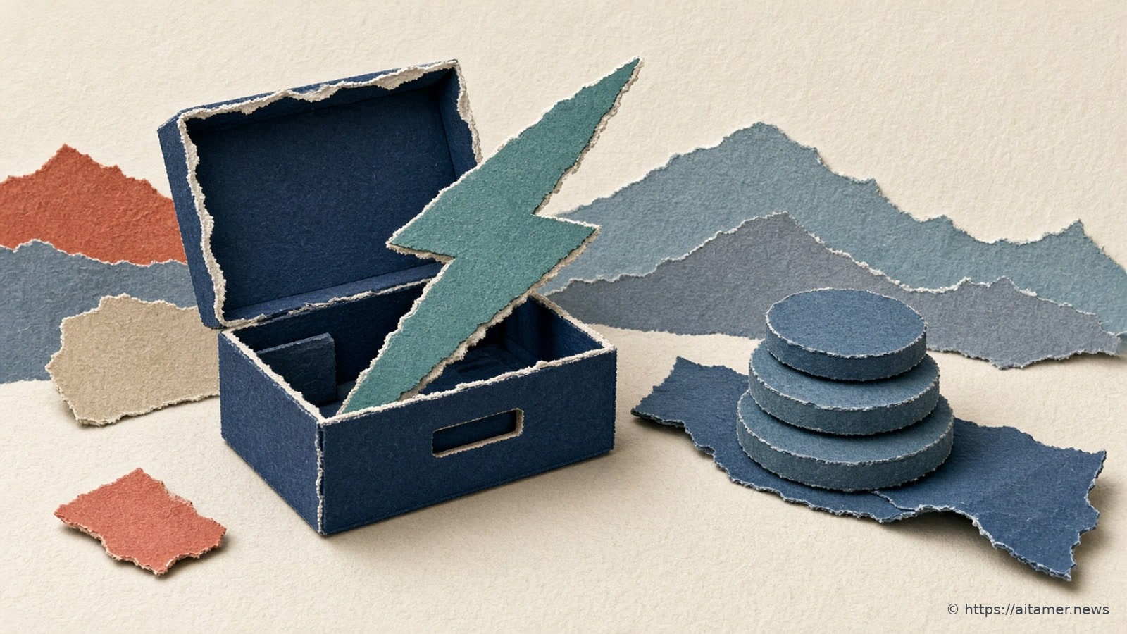 An open navy paper box with a teal paper lightning bolt rising from it, beside a stack of blue paper discs, over blue and rust paper hills.