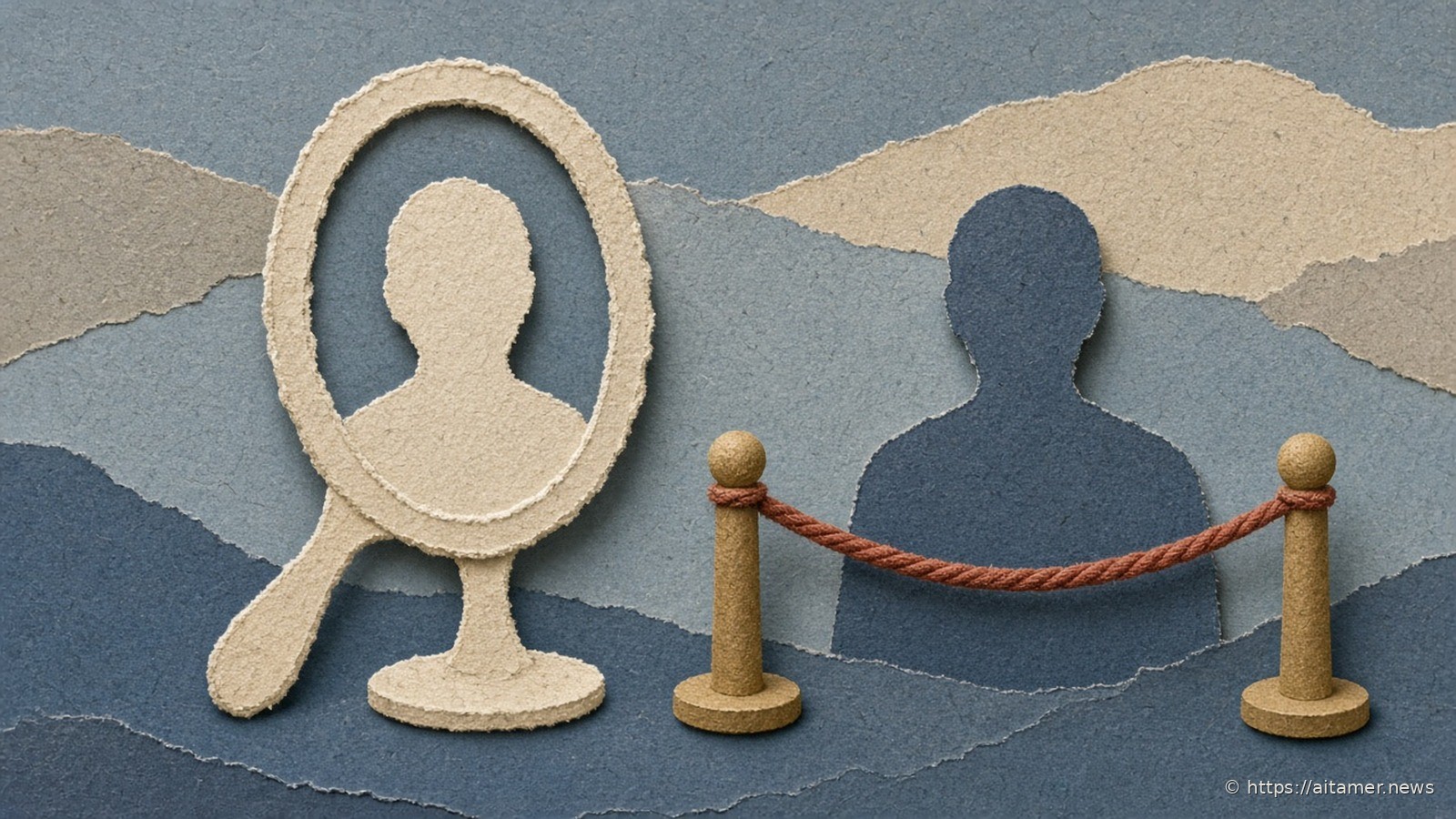 Paper-cut illustration of a cream hand mirror showing a featureless head silhouette, while a slate-blue copy of the silhouette stands behind a rust rope barrier on two posts.