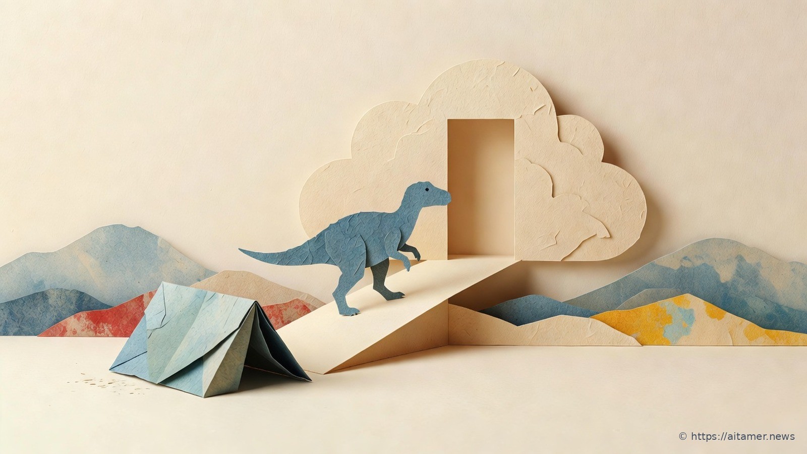 A paper-cut blue dinosaur walks up a cream ramp into a doorway in a large paper cloud, past a folded tent being packed away.