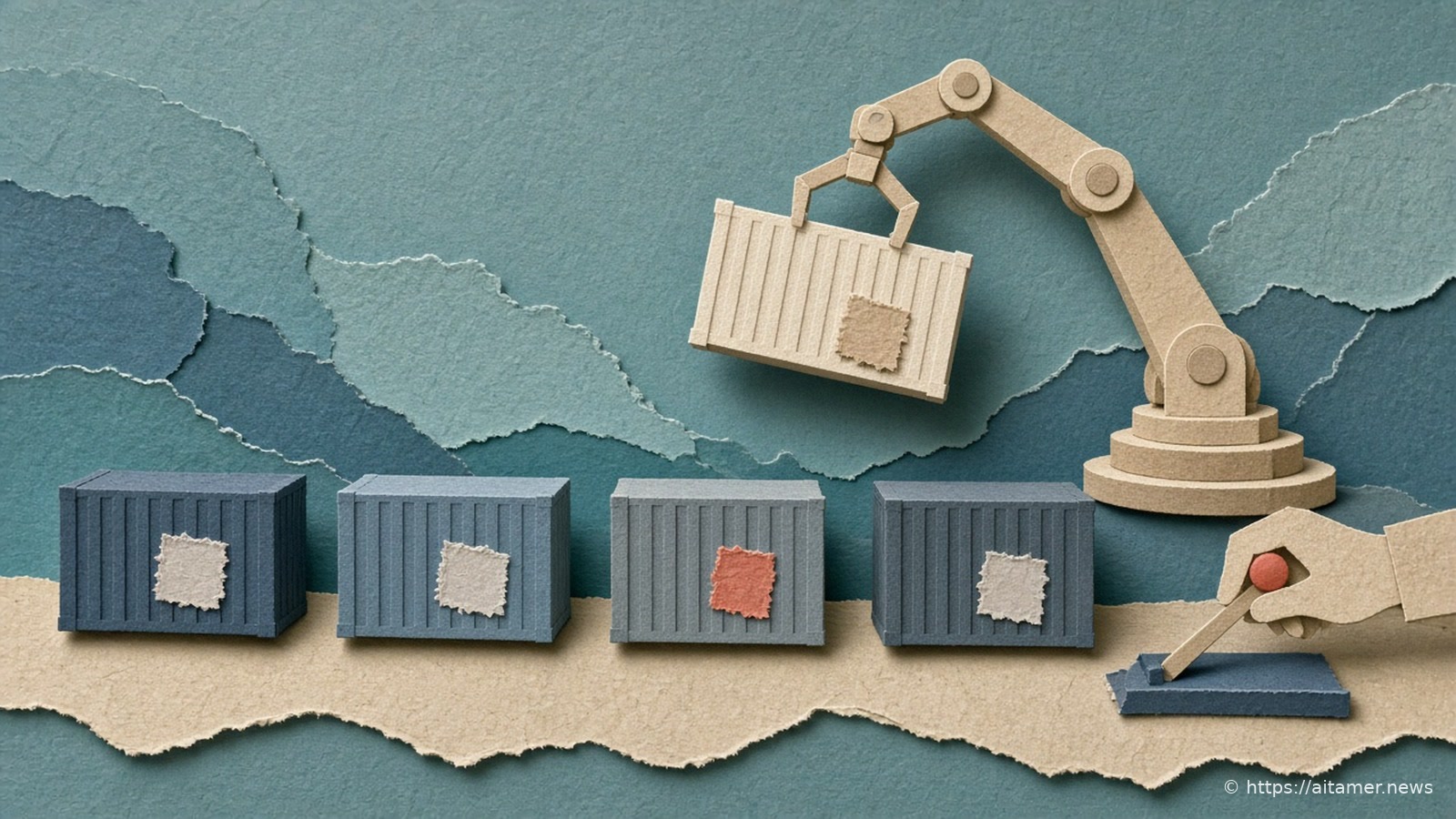 Cut-paper port scene where a robot arm swaps a patched shipping container while a paper hand holds a coral-knobbed lever, and a row of containers carries neat patches.