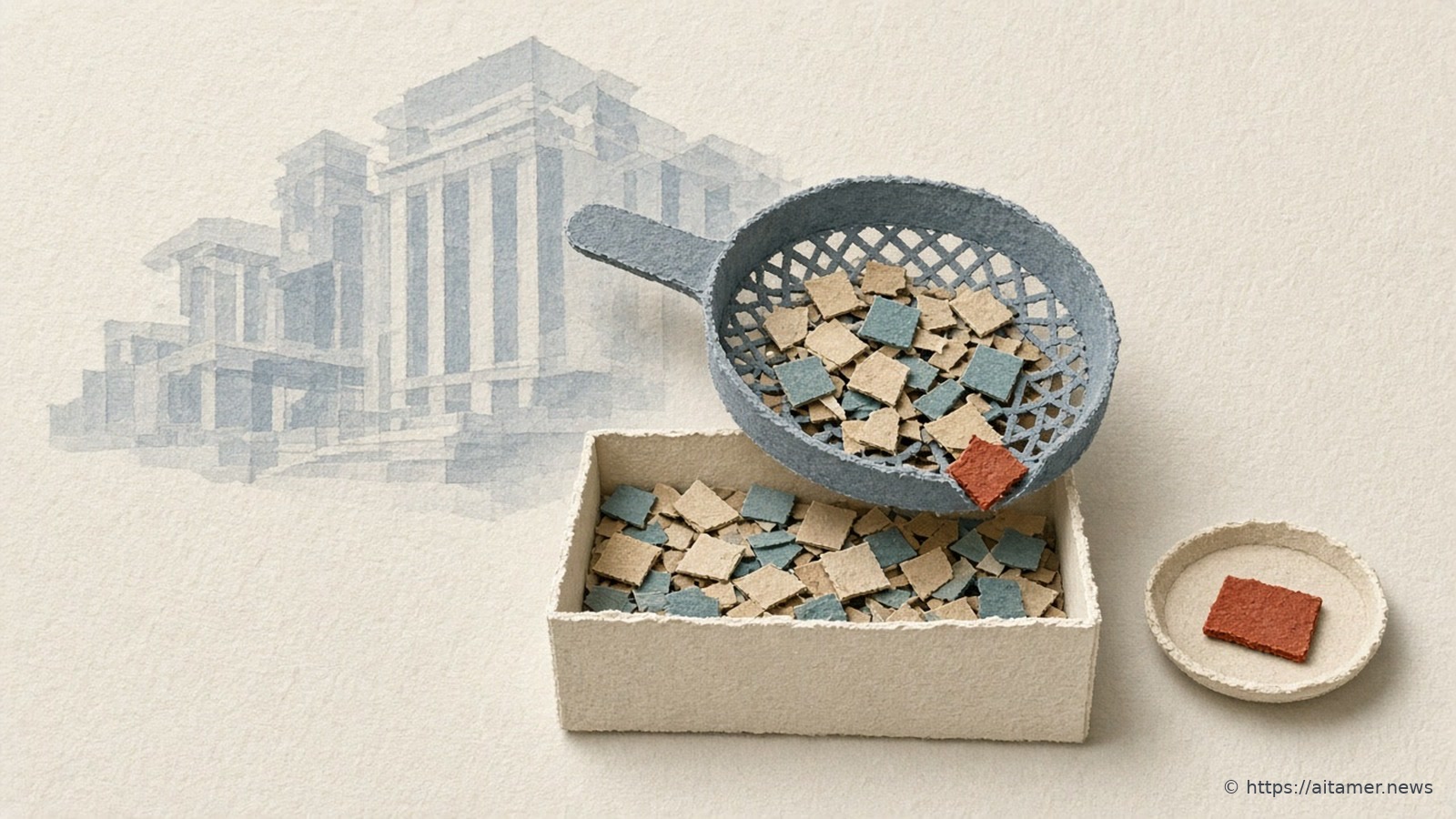 A slate-blue paper sieve full of small sand and teal paper tiles tips into a cream paper box, while a single rust-red tile rests on a separate small dish, with a faint pale blue columned building in the background.