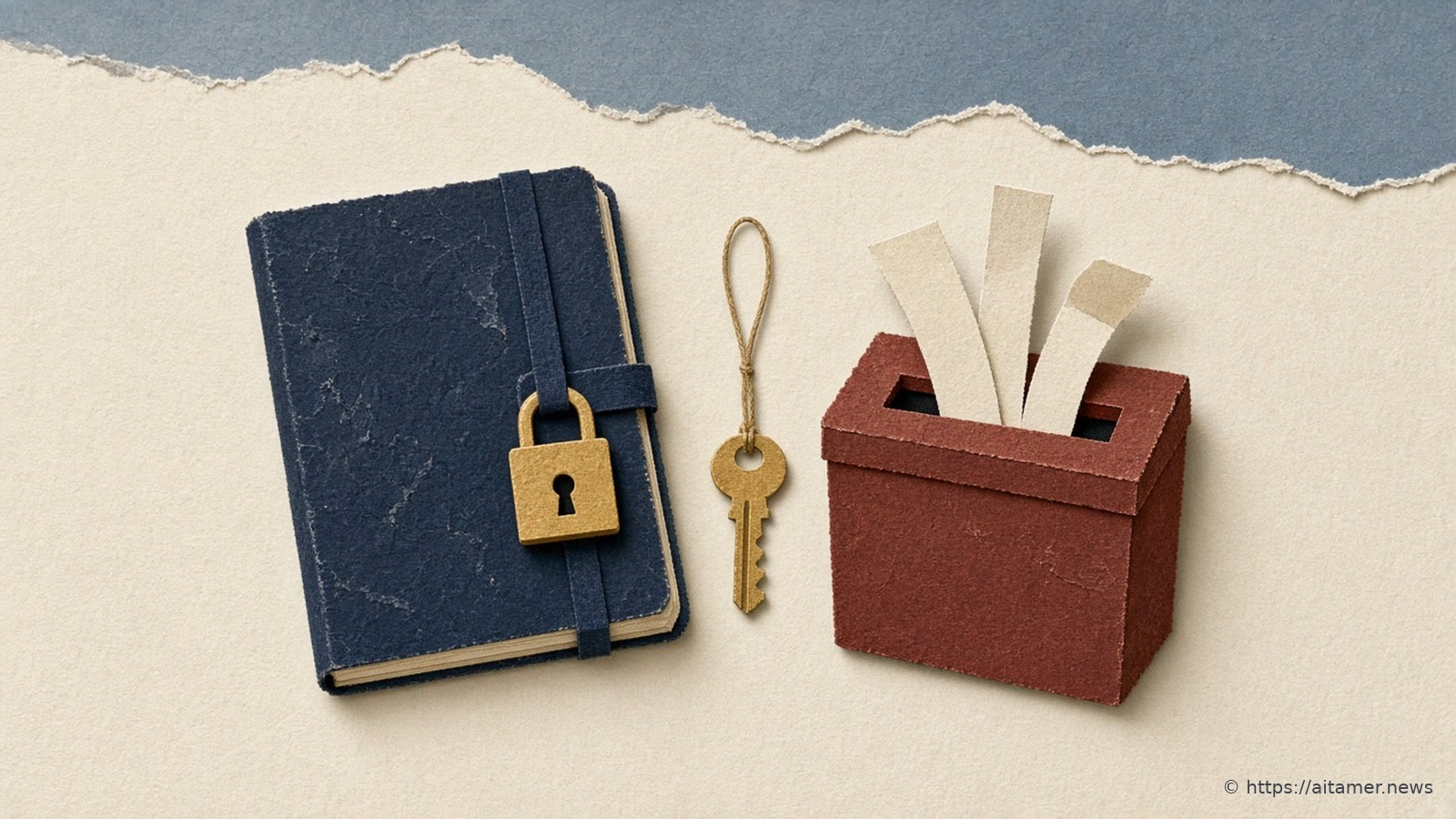 Paper-cut illustration of a navy notebook closed with a brass padlock, a brass key on a string beside it and a rust-red box swallowing cream paper strips.