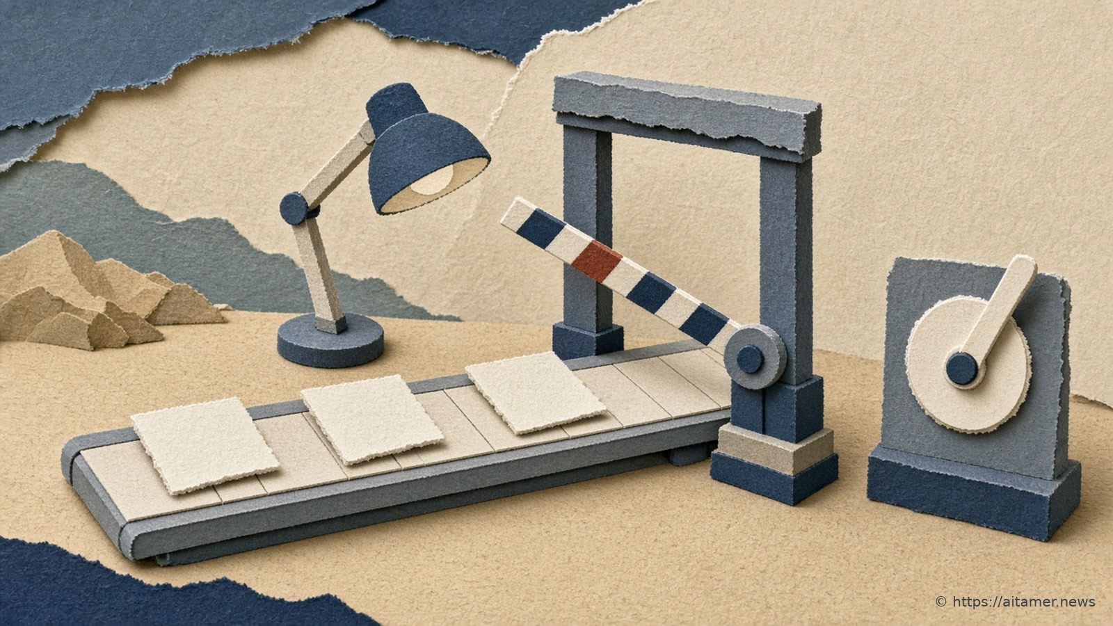 Paper collage of cream cards moving on a conveyor through a checkpoint gate with a raised striped barrier and a desk lamp, beside a large switch with its lever up.