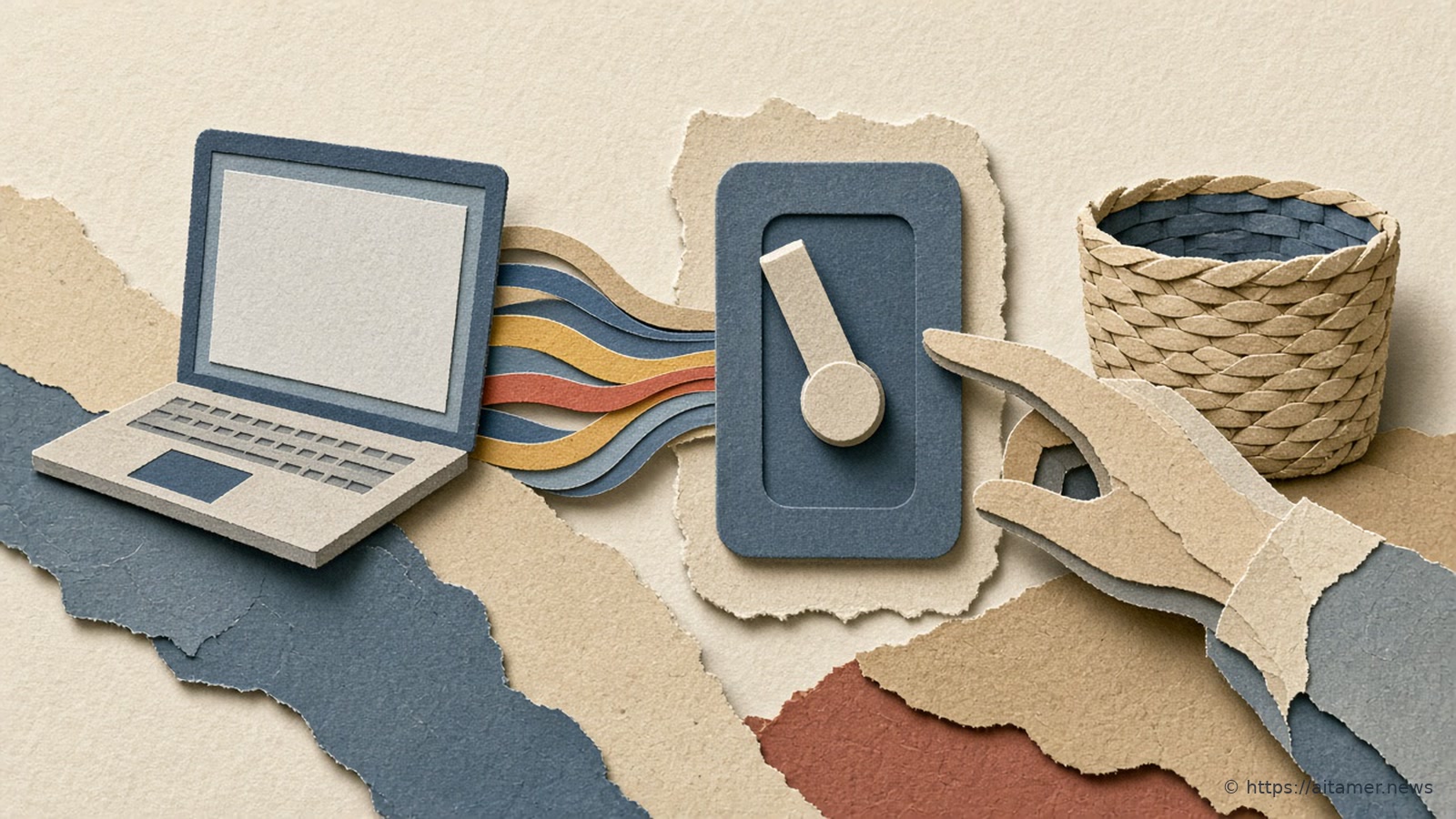 A cut-paper laptop with a blank screen sends ribbons of blue, yellow and rust paper strips into a large blue toggle switch with its lever up, as a paper hand reaches toward the switch beside a woven paper basket.