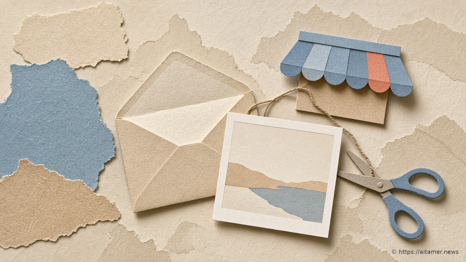An open envelope and a paper photo print tied by string to a small blue storefront awning with one coral stripe, scissors lying ready beside the string.