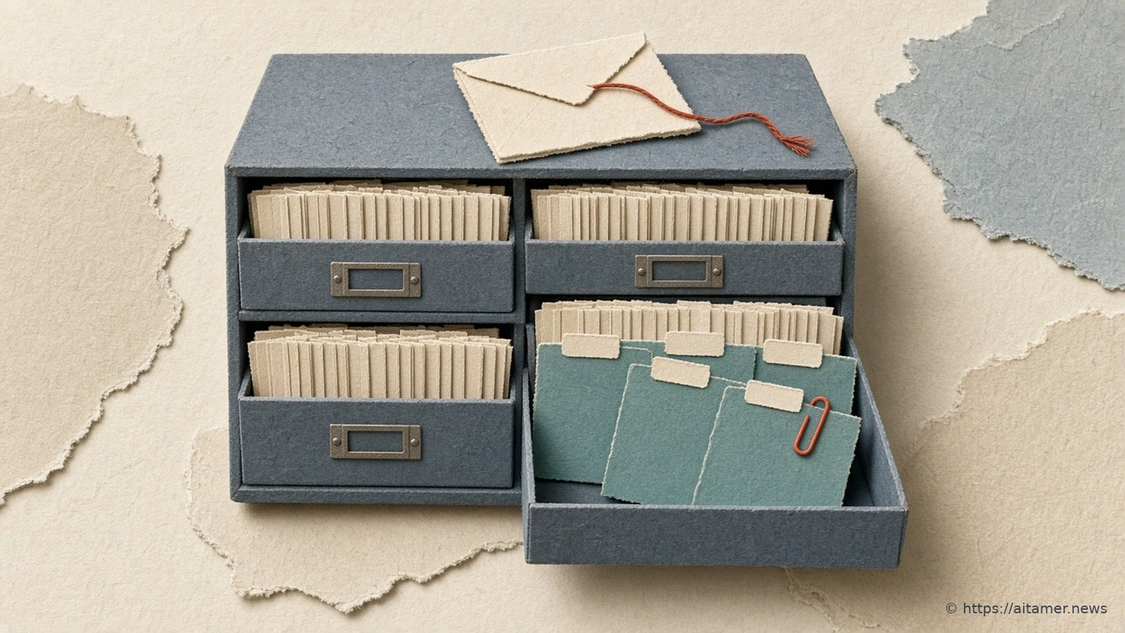 Cut-paper illustration of a slate-blue card catalogue with three new teal cards being slotted into an open drawer, and an envelope with a rust-red thread spilling out on top.